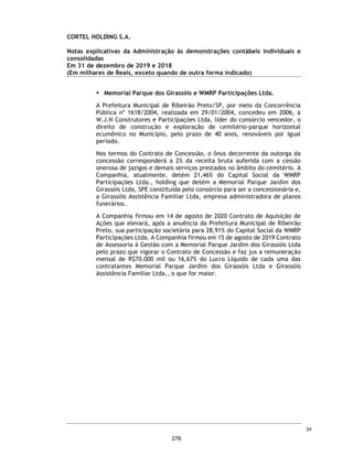 CORTEL HOLDING S.A.
Notas explicativas da Administração às informações contábeis intermediárias
individuais e consolidadas
Para o trimestre findo em 30 de setembro de 2020 e 2019
(Em milhares de Reais, exceto quando de outra forma indicado)
Provisão para contingências
O Grupo está envolvido em determinados assuntos legais oriundos do curso
normal de seus negócios, que incluem processos cíveis, administrativos,
tributários, previdenciários e trabalhistas. A provisão registrada em relação a
tais processos é determinada pela Administração do Grupo, com base na análise
de seus assessores jurídicos, e refletem as perdas prováveis estimadas.
A Administração acredita que a provisão para riscos cíveis e trabalhistas é
suficiente para cobrir eventuais perdas com processos administrativos e
judiciais, conforme apresentado a seguir:
A seguir a movimentação da provisão ocorrida no exercício/trimestre:
Contingências possíveis
Existem processos em andamento contra a Companhia e suas controladas, cuja
estimativa mensurada pelos assessores jurídicos é de perda possível, estão
resumidas a seguir:
Processos prováveis 30/09/2020 31/12/2019 30/09/2020 31/12/2019
Cíveis - Contingências - - 243 254
Trabalhistas - Contingências - - 431 423
Fiscais - Contingências - - 290 449
- - 964 1.126
Controladora Consolidado
Consolidado
Saldo em 31 de dezembro de 2018 732
(+) Provisão 1.822
(-) Pagamentos (114)
(-) Reversão (1.314)
Saldo em 31 de dezembro de 2019 1.126
(+) Provisão -
(-) Pagamentos (160)
(-) Reversão (2)
Saldo em 30 de setembro de 2020 964
Processos possíveis 30/09/2020 31/12/2019 30/09/2020 31/12/2019
Cíveis, trabalhistas, tributárias - - 721 721
Cedam - repasses contratuais (a) - - 8.318 6.660
- - 9.039 7.381
Controladora Consolidado
57
229
 