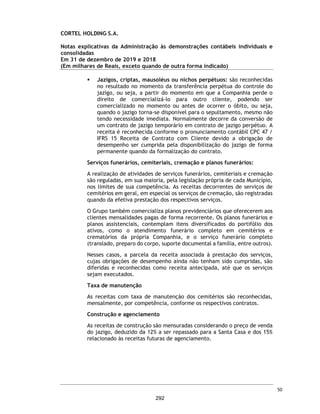CORTEL HOLDING S.A.
Grupo Cortel
Relatório da Administração em 31 de dezembro de 2019 e 2018
Relatório da Administração referente as Demonstrações Financeiras
Senhores Acionistas,
A administração da Cortel Holding S.A. (“Companhia” ou “Cortel Holding”) tem o prazer de encaminhar
para apreciação de V. Sas. o Relatório da Administração do exercício findo em 31 de dezembro de
2019 e 31 de dezembro de 2018, acompanhado das demonstrações financeiras deste exercício. As
demonstrações financeiras são elaboradas de acordo com as práticas contábeis adotadas no Brasil,
compreendem aquelas incluídas na legislação societária brasileira e os pronunciamentos técnicos e
as orientações e interpretações técnicas emitidas pelo Comitê de Pronunciamentos Contábeis - CPC
e aprovados pela Comissão de Valores Mobiliários - CVM.
Todas as informações relevantes próprias destas demonstrações financeiras, e somente elas, estão
sendo evidenciadas, e estas correspondem as utilizadas pela Administração na gestão da
Companhia.
A Cortel Holding S.A. é a maior gestora verticalizada de cemitérios e crematórios do Brasil, com
presença nas regiões Sul, Sudeste e Norte, atendendo a clientes de todas as diferentes classes
sociais do país. A Companhia detém participação em nove cemitérios, cinco crematórios, um
crematório de animais, uma funerária e uma administradora de Planos Funerários.
Atualmente, a Companhia consegue, por meio de um portfólio amplo, diversificado e complementar
de produtos, atender uma grande variedade de necessidades de seus clientes. Com seus cemitérios
e crematórios localizados próximos a centros urbanos desenvolvidos e adensados do Brasil, a
Companhia possui serviços e produtos que abrangem diversas categorias, desde opções mais
básicas que buscam atender as classes sociais menos favorecidas, até os produtos premium, que
possuem como público-alvo as classes mais elevadas.
A Companhia detém uma trajetória única de crescimento atrelado à forte cultura de humanismo,
3
245
 