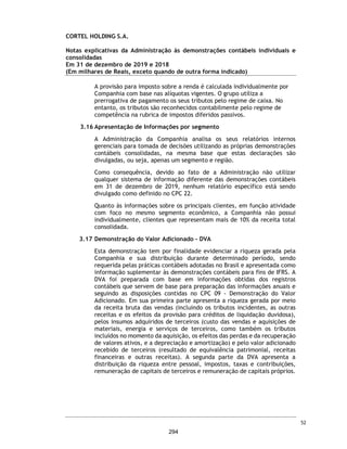 CORTEL HOLDING S.A.
Grupo Cortel
Relatório da Administração em 31 de dezembro de 2019 e 2018
1.1. Mensagem da Administração e Principais Fatos Administrativos Ocorridos no Exercício
Durante o exercício de 2019, a gestão da Companhia passou por um processo de profissionalização
e controles internos.
A área comercial iniciou o ano com o lançamento da campanha comercial “Liga dos Campeões”,
segregando os times de colaboradores comerciais em equipes da Champions League. Os vencedores
da Liga dos Campeões foram os 10 vendedores que mais geraram caixa e vendas para Companhia
em 2019, premiados com dez automóveis e bônus. A área comercial trouxe diversas inovações e
implantou alguns projetos-chave, tais como: (i) Novo Ser Previdente: a principal vertente de
crescimento vertical de faturamento e margem para os próximos 5 anos, avaliado no planejamento
estratégico aprovado em 2019, foi baseado no crescimento da carteira de Planos Funerários e de
Assistência ao Funeral. Neste contexto, em outubro de 2019 foi inaugurada a nova sede do Ser
Previdente, controlada que comercializa exclusivamente os Planos – Ser Previdente, com sede e
equipe comercial própria. O projeto envolveu a criação de um call-center ativo com mais de 30 Pontos
de Atendimentos (“PAs”) funcionando em dois turnos, com discador automático, baseando a venda
em uma estratégia de leads qualificados, levantando milhares de leads baseados em perfis filtrados
da nossa base de Vendas Previdenciárias de maior ticket médio dos últimos 15 anos; (ii) NIC – Núcleo
de Inteligência Comercial: Estrutura de Marketing e Trade-Marketing com foco em inteligência
competitiva e execução comercial de alta performance; (iii) Plataforma E-Commerce  Omnichannel,
no site do Ser Previdente, onde cada cliente pode sozinho montar e adquirir seu plano funerário,
inclusive formalizando a forma de pagamento; (iii) Outros: Programa de Parceiros CREMAPET em
que foi feito cadastro e treinamento, avaliação das ferramentas digitais e realizado eventos em
parceria com clínicas e petshops; e (iv) Programa de Premiação do atendimento imediato, com foco
em vendas e cross selling pacote de serviços de maior valor agregados no front dos
empreendimentos, como urnas cinerárias diferenciadas, flores, cerimonias com ornamentações, etc.
A gestão de processos e controladoria implantou nas áreas da Companhia a cultura de análise e
acampamentos de indicadores quantitativos e financeiros em tempo real e, de acompanhamento
orçamentário por meio de uma ferramenta Business Intelligence – Qlik View. Além das análises e
controles gerenciais, mensalmente, a Companhia prepara para o Conselho de Administração um
relatório de performance de desempenho versus orçamento, balanço e geração de caixa operacional.
A diretoria executiva redefiniu seu planejamento estratégico 2019, a aquisição de empresas e
negócios correlacionados, como a principal vertente de crescimento horizontal para os próximos 5
anos. Devido à falta de especialistas no setor do luto, sendo ainda um setor muito fragmentado, a
companhia optou em desenvolver uma equipe própria para análise de novos negócios, terceirizando
apenas a análise processual e due diligence, jurídica e contábil, por questões de governança
corporativa. No primeiro semestre, a Companhia adquiriu a parcela restante de 15% (quinze por
cento) da empresa Cemitério Parque de Tarumã em Manaus/AM (“CEDAM”), passando a deter a
totalidade das cotas sociais da CEDAM. Em agosto de 2019, a Companhia conclui a aquisição de
21,47% da Holding WMRP Participações S/A, detentora das empresas Memorial Parque do Girassóis
e Girassóis Planos de Assistência Familiar (em conjunto, “Girassóis”), na cidade de Ribeirão Preto/SP.
Além da aquisição da participação, a companhia assinou um contrato de gestão do empreendimento
pelo prazo restante da concessão, com resultado da gestão atrelado ao desempenho financeiro do
negócio. A aquisição do Girassóis deu início a presença da Companhia no Estado de São Paulo,
assumindo a gestão deste empreendimento em uma das cidades mais ricas do estado.
Consoante a estratégia de consolidação, a administração avaliou outros ativos regionais e, envidou
esforços, especialmente, na avaliação da licitação do Município de São Paulo. A Cortel Holding jáғ
vem acompanhando o potencial certame de São Paulo desde a publicação do Procedimento de
Manifestação de Interesse - PMI em junho de 2017 e seus demais eventos subsequentes.
5
247
 