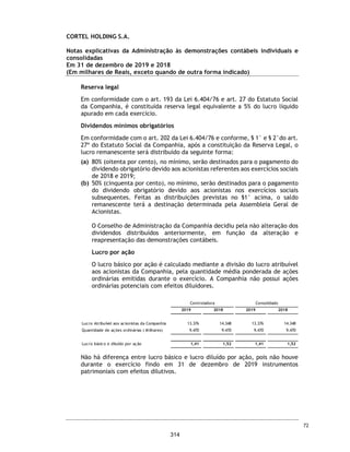 Demonstrações do valor adicionado
Exercícios findos em 31 de dezembro de 2019 e 2018
(Valores expressos em Milhares de Reais)
2019 2018 2019 2018
Receita de Serviços - - 90.562 43.662
Outras receitas - 254 1.541 10.543
Perda estimada com créditos de liquidação duvidosa - - (4.159) (1.571)
- 254 87.944 52.634
Insumos adquiridos de terceiros
Custo dos dos serviços vendidos - - (5.391) (2.005)
Materiais, energia, serviços de terceiros e outros (163) (565) (18.824) (9.884)
(163) (565) (24.215) (11.889)
Valor adicionado bruto (163) (311) 63.729 40.745
Depreciação e amortização - - (1.567) (832)
Valor adicionado líquido produzido (163) (311) 62.162 39.913
Valor adicionado recebido em transferência
Resultado de equivalência patrimonial 13.554 14.659 130 395
Receitas financeiras - - 912 471
13.554 14.659 1.042 866
Valor adicionado total a distribuir 13.391 14.348 63.204 40.779
Distribuição do valor adicionado (13.391) (14.348) (63.204) (40.779)
Pessoal
Remuneração direta - - (19.880) (9.512)
Benefícios - - (1.767) (697)
FGTS - - (1.545) (963)
- - (23.192) (11.172)
Impostos, taxas e contribuições
Federais - - (20.206) (12.288)
Estaduais - - (7) (5)
Municipais - - (3.550) (1.371)
- - (23.763) (13.664)
Remuneração de capitais de terceiros
Juros (12) - (1.340) (692)
Aluguéis - - (204) (116)
Outras - financeiro (3) - (1.318) (546)
(15) - (2.862) (1.354)
Remuneração de capitais próprios
Lucros retidos (Prejuízo) (13.376) (14.348) (13.376) (14.348)
Participação de não controladores nos lucros retidos (prejuízos) - - (11) (241)
(13.376) (14.348) (13.387) (14.589)
As notas explicativas da Administração são parte integrante das demonstrações contábeis.
Controladora Consolidado
CORTEL HOLDING S.A.
25
267
 