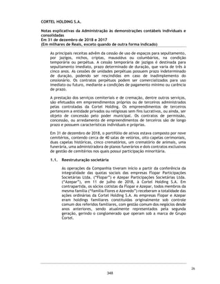 CORTEL HOLDING S.A.
Notas explicativas da Administração às demonstrações contábeis individuais e
consolidadas
Em 31 de dezembro de 2019 e 2018
(Em milhares de Reais, exceto quando de outra forma indicado)
Movimentação da Provisão da Crédito de Liquidação Duvidosa
Ajuste a valor presente
A taxa de desconto utilizada pela Companhia e suas controladas para trazer a
valor presente suas contas a receber de longo prazo é de 1% a.m.
Garantias
Em 31 de dezembro de 2019 e 2018, a Companhia não possui contas a receber
dado em garantia de empréstimos e financiamentos.
9. Estoques
A Companhia não identificou necessidade de constituição de provisão para
perdas de estoques, devido à natureza e o tipo de produtos de suas operações.
10. Partes relacionadas
Consolidado
Saldo em 31 de dezembro de 2017 -
(+) Incorporação de controladas (Ver nota 1.1) (10.274)
(+) Provisão (3.509)
(-) Reversão 1.938
Saldo em 31 de dezembro de 2018 (11.845)
(+) Provisão (5.070)
(-) Reversão 913
Saldo em 31 de dezembro de 2019 (16.002)
Descrição 2019 2018 2019 2018
Ataúdes - - 239 236
Produtos para prestação de serviços - - 185 166
Urnas - - 175 171
Outros - - 196 173
- - 795 746
Controladora Consolidado
2019 2018 2019 2018
Mutúo com coligada (a) - - 199 269
Empréstimos a sócios 12 7 12 55
Ativo 12 7 211 324
2019 2018 2019 2018
Mútuos com coligadas (a) 77 9 - -
Passivo 77 9 - -
Consolidado
Controladora
Controladora Consolidado
59
301
 