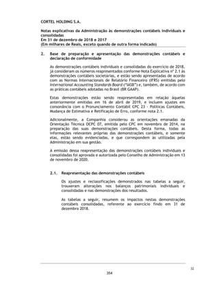 CORTEL HOLDING S.A.
Notas explicativas da Administração às demonstrações contábeis individuais e
consolidadas
Em 31 de dezembro de 2019 e 2018
(Em milhares de Reais, exceto quando de outra forma indicado)
16. Salários e encargos sociais
17. Impostos e contribuições a recolher
Mandados de segurança ISS
A Companhia e suas controladas são partes em mandados de segurança
impetrados, que visam garantir o direito líquido e certo de não recolher o ISS
incidente sobre a cessão do direito de uso das unidades de sepultamento
(“cessão de uso de jazigos”), por ocasião das alterações introduzidas pela Lei
Complementar nº. 157/2016 à Lei Complementar nº. 116/2003 e os efeitos das
Leis Municipais editadas.
Caso os mandados de segurança tenham desfechos desfavoráveis, será devido o
ISS sobre o valor contratado pela cessão do direito de uso dos jazigos, os quais
encontram-se registrados e atualizados monetariamente na data-base.
Descrição 2019 2018 2019 2018
FGTS a recolher - - 147 147
INSS a recolher - - 589 553
Outras Obrigações Trabalhistas - - 29 68
Provisão Férias - - 1.689 1.439
Salários - - 22 24
- - 2.476 2.231
Controladora Consolidado
Descrição 2019 2018 2019 2018
PIS - - 904 718
COFINS - - 4.085 3.226
IRPJ a Pagar - - 14.767 12.498
CSLL a recolher - - 5.347 4.534
ISS 1 - 3.611 1.961
Outros Impostos 2 - 252 227
3 - 28.966 23.164
Circulante 3 - 19.294 15.477
Não Circulante - - 9.672 7.687
3 - 28.966 23.164
Controladora Consolidado
65
307
 