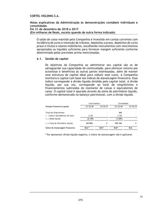 CORTEL HOLDING S.A.
Grupo Cortel
Relatório da Administração em 31 de dezembro de 2018 e 2017
Resultado do Exercício (em milhares)
No exercício social findo em 31 de dezembro de 2018, o lucro líquido foi de R$ 14.589,
representando uma margem de 29,3%. O exercício de 31 de dezembro de 2018 teve seus valores
consolidados a partir de julho de 2018, que foi a data da conferência de participação de Flopar e
Azepar na Cortel Holding. O ano de 2018 apresentou um resultado positivo na valorização das
propriedades para investimento. Em 2017 a Companhia era pré-operacional.
Indicadores Financeiros 31 de dezembro de
(em R$ milhares) 2018 2017
Receita líquida de aluguéis e serviços 49.801,0 0,0
Custos de serviços prestados e aluguéis (6.724,0) 0,0
(=) Resultado bruto 43.077,0 0,0
Margem Bruta (%) 86,5%
(+/-) Despesas/receitas operacionais (19.870,0) 0,0
Despesas comerciais (5.173,0) 0,0
Despesas administrativas (15.444,0) 0,0
Resultado de Equivalência Patrimonial 395,0 0,0
Outras receitas (despesas) operacionais, líquidas 352,0 0,0
(=) Lucro operacional antes do resultado financeiro 23.207,0 0,0
Despesas financeiras (1.387,0)
Receitas financeiras 618,0
(=) Resultado financeiro líquido (769,0) 0,0
(=) Lucro antes do Imposto de Renda e Contribuição Social 22.438,0 0,0
Imposto de Renda e Contribuição Social (4.563,0)
Imposto de Renda e Contribuição Social - Diferidos (3.286,0)
(=) Lucro líquido do exercício 14.589,0 0,0
Margem líquida (%) 29,3%
6
328
 