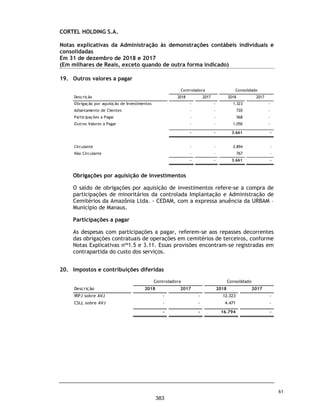Processo de elaboração e consolidação das
demonstrações contábeis da Companhia
Conforme apresentado na Nota Explicativa
nº 1.2, a Companhia possui um volume
significativo de empresas controladas do
segmento de cemitérios e serviços funerários
(death care). A conta de investimento das
demonstrações individuais representa 99,99% do
seu ativo total.
Este assunto foi considerado significativo para
nossa auditoria, tendo em vista que o processo de
consolidação não é automatizado e exige um
volume relevante de processamento de
informações em papéis de trabalhos fora do
sistema de processamento de dados da
contabilidade.
Resposta da auditoria ao assunto
Nossos procedimentos de auditoria incluíram,
entre outros: (a) indagação junto à Administração
quanto ao entendimento dos controles
relacionados ao processo de consolidação;
(b) obtenção de evidências que comprovasse o
ambiente do controle comum; (c) avaliação da
exatidão e acuracidade dos números processados;
(d) adequação dos critérios frente as orientações
normativas; e (e) avaliação da divulgação das
informações nas notas explicativas.
Durante o processo de auditoria identificamos a
necessidade de ajustes que afetaram os saldos
consolidados, os quais foram registrados e
divulgados pela Administração, conforme Nota
Explicativa nº 2.1.
Após a realização dos ajustes identificados, tendo
por base as evidências obtidas, consideramos que
os critérios utilizados estão conforme as normas
contábeis vigentes, bem como o processamento
das informações está adequado, assim como as
suas respectivas divulgações.
Valor justo das propriedades para investimento
O Companhia registra suas propriedades para
investimento a valor justo. Esses ativos são
compostos por direitos de sepultamento
negociados junta aos clientes para uso perpétuo
ou temporário. Na avaliação do valor justo desses
ativos são consideradas premissas e julgamentos
relevantes para estimar fluxos de caixa futuro,
incluindo volumes de venda, valor de venda,
custos operacionais e taxas de desconto.
Este assunto foi considerado significativo para
nossa auditoria, tendo em vista que possíveis
variações nessas premissas podem alterar de
forma relevante as demonstrações contábeis
individuais e consolidadas da Companhia.
Resposta da auditoria ao assunto
Nossos procedimentos de auditoria incluíram o
envolvimento de especialistas em avaliação para
auxiliar na revisão da metodologia e dos modelos
utilizados na mensuração do valor justo das
propriedades para investimento, incluindo a
análise da razoabilidade das premissas utilizadas
e da integridade dos dados sobre as propriedades
fornecidos pela Administração da Companhia e
pelos avaliadores externos. Analisamos a
sensibilidade sobre tais premissas para avaliar o
comportamento do valor justo registrado,
considerando outros cenários e premissas, com
base em dados de mercado. Adicionalmente,
avaliamos a adequação das divulgações da
Companhia sobre o assunto, incluídas nas Notas
Explicativas nos
3.5 e 12, às demonstrações
contábeis de 31 de dezembro de 2018.
Durante o processo de auditoria identificamos a
necessidade de ajustes que afetaram a
mensuração e a divulgação do valor justo, os
quais foram registrados e divulgados pela
Administração, conforme Nota Explicativa nº 2.1.
Estes ajustes também revelam necessidade de
revisão e aprimoramento nos controles internos
relacionados a este assunto.
Após a realização dos ajustes identificados, tendo
por base as evidências obtidas, considerando a
incerteza inerente ao processo de determinação
do valor justo, determinamos que estas são
razoáveis para suportar os saldos contabilizados
como propriedade para investimento e
informações incluídas nas notas explicativas.
14
336
 