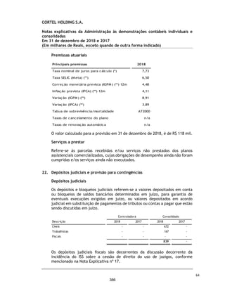Na elaboração das demonstrações contábeis individuais e consolidadas, a Administração é responsável
pela avaliação da capacidade da Companhia continuar operando, divulgando, quando aplicável, os
assuntos relacionados com a sua continuidade operacional e o uso dessa base contábil na elaboração
das demonstrações contábeis, a não ser que a Administração pretenda liquidar a Companhia e suas
controladas ou cessar suas operações, ou não tenha nenhuma alternativa realista para evitar o
encerramento das operações.
Os responsáveis pela governança da Companhia são aqueles com responsabilidade pela supervisão do
processo de elaboração das demonstrações contábeis.
Responsabilidades do auditor pela auditoria das demonstrações contábeis individuais e
consolidadas
Nossos objetivos são obter segurança razoável de que as demonstrações contábeis individuais e
consolidadas, tomadas em conjunto, estão livres de distorção relevante, independentemente se
causada por fraude ou erro, e emitir relatório de auditoria contendo nossa opinião. Segurança razoável
é um alto nível de segurança, mas não uma garantia de que a auditoria realizada de acordo com as
normas brasileiras e internacionais de auditoria sempre detectam as eventuais distorções relevantes
existentes. As distorções podem ser decorrentes de fraude ou erro e são consideradas relevantes
quando, individualmente ou em conjunto, possam influenciar, dentro de uma perspectiva razoável,
as decisões econômicas dos usuários tomadas com base nas referidas demonstrações contábeis.
Como parte da auditoria realizada de acordo com as normas brasileiras e internacionais de auditoria,
exercemos julgamento profissional e mantemos ceticismo profissional ao longo da auditoria. Além
disso:
ƒ Identificamos e avaliamos os riscos de distorção relevante nas demonstrações contábeis individuais
e consolidadas, independentemente se causada por fraude ou erro, planejamos e executamos
procedimentos de auditoria em resposta a tais riscos, bem como obtemos evidência de auditoria
apropriada e suficiente para fundamentar nossa opinião. O risco de não detecção de distorção
relevante resultante de fraude é maior do que o proveniente de erro, já que a fraude pode envolver
o ato de burlar os controles internos, conluio, falsificação, omissão ou representações falsas
intencionais;
ƒ Obtemos entendimento dos controles internos relevantes para a auditoria para planejarmos
procedimentos de auditoria apropriados às circunstâncias, mas não com o objetivo de
expressarmos opinião sobre a eficácia dos controles internos da Companhia e suas controladas;
ƒ Avaliamos a adequação das políticas contábeis utilizadas e a razoabilidade das estimativas
contábeis e respectivas divulgações feitas pela Administração;
ƒ Concluímos sobre a adequação do uso, pela Administração, da base contábil de continuidade
operacional e, com base nas evidências de auditoria obtidas, se existe incerteza relevante em
relação a eventos ou condições que possam levantar dúvida significativa em relação à capacidade
de continuidade operacional da Companhia e suas controladas. Se concluirmos que existe incerteza
relevante, devemos chamar atenção em nosso relatório de auditoria para as respectivas
divulgações nas demonstrações contábeis individuais e consolidadas ou incluir modificação em
nossa opinião, se as divulgações forem inadequadas. Nossas conclusões estão fundamentadas nas
evidências de auditoria obtidas até a data de nosso relatório. Todavia, eventos ou condições
futuras podem levar a Companhia e suas controladas a não mais se manter em continuidade
operacional;
ƒ Avaliamos a apresentação geral, a estrutura e o conteúdo das demonstrações contábeis, inclusive
as divulgações e se as demonstrações contábeis individuais e consolidadas representam as
correspondentes transações e os eventos de maneira compatível com o objetivo de apresentação
adequada;
17
339
 