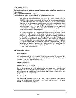 CORTEL
HOLDING
S.A.
Balanços
patrimoniais
individuais
e
consolidados
Em
31
de
dezembro
de
2018
e
2017
(Valores
expressos
em
Milhares
de
Reais)
Ativo
Passivo
e
patrimônio
líquido
Nota
explicativa
2018
Reapresentado
2017
2018
Reapresentado
2017
Nota
explicativa
2018
Reapresentado
2017
2018
Reapresentado
2017
Circulante
Circulante
Caixa
e
equivalentes
de
caixa
7
2
-
2.155
-
Fornecedores
-
-
883
-
Contas
a
receber
8
-
-
40.238
-
Emprestimos
e
financiamentos
15
-
-
502
-
Adiantamentos
1
-
447
-
Salários
e
encargos
sociais
16
-
-
2.231
-
Estoques
9
-
-
746
-
Impostos
e
contribuições
a
recolher
17
-
-
15.477
-
Tributos
a
recuperar
-
-
1.865
-
Impostos
e
contribuições
-
parcelamentos
-
-
151
-
Despesas
antecipadas
-
-
32
-
Receita
antecipada
18
-
-
1.032
-
Outros
valores
a
receber
-
-
134
-
Outros
valores
a
pagar
19
-
-
2.894
-
3
-
45.617
-
-
-
23.170
-
Não
circulante
Não
circulante
Contas
a
receber
-
-
38.891
-
Emprestimos
e
financiamentos
15
-
-
366
-
Mútuo
com
partes
relacionadas
-
Ativo
10
7
10
324
10
Partes
Relacionadas
-
passivo
10
9
7
-
7
Depósitos
e
cauções
22
-
-
839
-
Impostos
e
contribuições
a
recolher
17
-
-
7.687
-
Investimentos
11
107.801
-
2.994
-
Impostos
e
contribuições
-
parcelamentos
-
-
387
-
Propriedade
para
Investimentos
12
-
-
55.244
-
Impostos
e
contribuições
diferidos
20
-
-
16.794
-
Imobilizado
13
-
-
18.009
-
Obrigação
a
pagar
por
planos
diversos
21
-
-
4.555
-
Intangível
14
-
-
1.646
-
Provisão
para
contingências
22
-
-
732
-
107.808
10
117.947
10
Outros
valores
a
pagar
19
-
-
767
-
9
7
31.288
7
Patrimônio
líquido
23
Capital
social
47.088
10
47.088
10
Reservas
de
lucros
60.714
(7)
60.714
(7)
107.802
3
107.802
3
Participação
de
não
controladores
-
-
1.304
-
107.802
3
109.106
3
Total
do
ativo
107.811
10
163.564
10
Total
do
passivo
e
patrimônio
líquido
107.811
10
163.564
10
As
notas
explicativas
da
Administração
são
parte
integrante
das
demonstrações
contábeis
individuais
e
consolidadas.
Controladora
Consolidado
Controladora
Consolidado
19
341
 