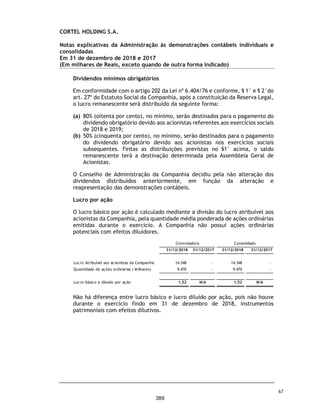CORTEL HOLDING S.A.
Demonstrações do resultado individuais e consolidadas
Exercícios findos em 31 de dezembro de 2018 e 2017
(Valores expressos em Milhares de Reais)
Nota
explicativa
2018
Reapresentado 2017
2018
Reapresentado 2017
Receita líquida de aluguéis e serviços 24 - - 49.801 -
Custos de serviços prestados e aluguéis 25 - - (6.724) -
(=) Resultado bruto - - 43.077 -
(+/-) Despesas/receitas operacionais
Despesas comerciais 26 - - (5.173) -
Despesas administrativas 27 (1) - (15.444) -
Resultado de equivalência patrimonial 14.659 - 395 -
Outras (despesas)/receitas operacionais, líquidas (310) - 352 -
(=) Lucro operacional antes do resultado financeiro 14.348 - 23.207 -
Despesas financeiras 28 - - (1.387) -
Receitas financeiras 28 - - 618 -
(=) Resultado financeiro líquido - - (769) -
(=) Lucro antes do Imposto de Renda e Contribuição Social 14.348 - 22.438 -
Imposto de renda e contribuição social 29 - - (4.563) -
Imposto de renda e contribuição social - diferidos 29 - (3.286)
(=) Lucro líquido do exercício 14.348 - 14.589 -
Resultado dos controladores 14.348 - 14.348 -
Resultado dos não controladores - - 241 -
(=) Lucro líquido do exercício 14.348 - 14.589 -
Lucro básico e diluído por ação 1,52 - 1,52 -
As notas explicativas da Administração são parte integrante das demonstrações contábeis individuais e consolidadas.
Controladora Consolidado
20
342
 