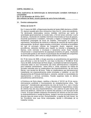 CORTEL HOLDING S.A.
Notas explicativas da Administração às demonstrações contábeis individuais e
consolidadas
Em 31 de dezembro de 2018 e 2017
(Em milhares de Reais, exceto quando de outra forma indicado)
1. Informações gerais
A Cortel Holding S.A. (“Companhia” ou “Grupo Cortel”) e suas controladas tem
por objeto social a realização de empreendimentos imobiliários e afins, cujas
atividades estão vinculadas ao setor do luto, bem como a participação em
outras sociedades de objeto assemelhado. Está Sediada na Cidade de Porto
Alegre/RS, Av. Natal, n.º 180, 2º andar, bairro Medianeira, local onde
concentra-se parte da estrutura de Administração e a Diretoria Executiva.
A Companhia iniciou suas atividades realizando diversas obras de
terraplanagem e urbanização. Em 1965, lançou o primeiro Plano Habitacional
privado do Brasil e construiu os conjuntos habitacionais CEFER e Nossa Senhora
das Graças. Em 1971, construiu o Cemitério Ecumênico João XXIII, primeiro
cemitério totalmente em concreto armado da América Latina. Em 1977, a
Companhia lançou os primeiros produtos de compra antecipada, planos de
assistência funeral, através da Previr, sendo pioneira no Brasil. Entre as
décadas de 70 e 80, construiu e inaugurou diversas operações consolidando
sua atuação no setor de cemitérios: Cemitério Parque São Vicente em
Canoas/RS, Cemitério Ecumênico Cristo Rei em São Leopoldo/RS, Cemitério
São Francisco de Paula em Pelotas/RS e o Cemitério Parque Tarumã em
Manaus/AM. Em 1997, a Companhia construiu o primeiro crematório particular
do Brasil, no Cemitério Ecumênico Cristo Rei. Em 1999, a Cortel construiu o
Cemitério Memorial da Colina, em Cachoeirinha e, posteriormente, instalou
um Crematório no Memorial da Colina. Em 2003, inaugurou o Cemitério e
Crematório Metropolitano São José, em Porto Alegre/RS, único crematório do
município. Dois anos depois, em 2005, construiu o Cemitério e Crematório
Saint Hilaire na cidade Viamão/RS, maior cemitério da Companhia com
153.342 m2. Em 2012, firmou parceria para operar o Cemitério e Crematório
da Penitência, na cidade do Rio de Janeiro/RJ, no qual detém participação
minoritária. Em 2016, adquiriu a empresa Cremapet, seu primeiro crematório
de animais. E, em fins de 2019, adquiriu participação societária e tornou-se a
gestora do Memorial Parque dos Girassóis, em Ribeirão Preto/SP.
O Grupo Cortel é especializado na Administração e operação de cemitérios e
crematórios próprios e de terceiros, sendo conhecido por meio das operações
dos empreendimentos locais, tais como: cessão de uso de espaços para
sepultamento, para uso imediato ou futuro (previdenciário), planos funerários
e assistenciais, familiares e individual – através das suas marcas conhecidas
“Plano Ser Previdente” e “Planos de Assistencial Cortel”, prestação de
serviços funerários através da sua funerária própria “Previr Serviços
Funerários”, serviços cemiteriais e de cremação.
25
347
 
