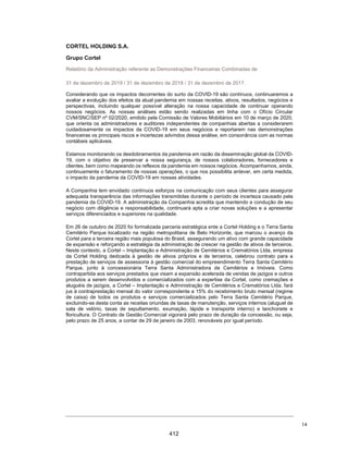 CORTEL HOLDING S.A.
Notas explicativas da Administração às demonstrações contábeis individuais e
consolidadas
Em 31 de dezembro de 2018 e 2017
(Em milhares de Reais, exceto quando de outra forma indicado)
3.12 Provisão para contingências, incluindo riscos ambientais
As provisões para riscos tributários, cíveis e trabalhistas são reconhecidas
quando a Companhia e suas controladas têm uma obrigação presente ou
não formalizada como resultado de eventos passados, sendo provável que
uma saída de recursos seja necessária para liquidar a obrigação e o valor
possa ser estimado com segurança. As provisões são quantificadas com
base no valor esperado de liquidação tendo por base a opinião dos
assessores jurídicos da Companhia.
A atividade está sujeita a regulamentações ambientais, de saúde e
segurança. As medidas para cumprir os serviços funerários e de cremação
em conformidade com as leis e regulamentos aplicáveis ao local de cada
operação. A avaliação de contingência considera os riscos ambientais à
que as operações estão expostas.
3.13 Demais ativos e passivos (circulantes e não circulantes)
Os passivos circulantes e não circulantes são demonstrados pelos valores
conhecidos ou calculáveis e acrescidos, quando aplicável, dos
correspondentes encargos e variações monetárias incorridas até a data
do balanço.
Os ativos são classificados como circulante e não circulante com base na
expectativa de sua realização nos próximos doze meses, enquanto os
passivos são classificados com base nos respectivos termos contratuais.
3.14 Receita de contratos com clientes e de aluguel de jazigos
As receitas incluem obrigações de desempenho relativas à cessão
temporária e perpétua de jazigos, entrega de serviços de cemitérios,
cremação e funerários em geral, bem como taxas de manutenção pagas
semestralmente, destinadas às despesas de manutenção e conservação
das áreas comuns e de circulação e acesso as unidades. Adicionalmente,
comercializamos os planos funerários e assistenciais “Plano Ser
Previdente” e “Planos de Assistencial Cortel”. A seguir descrevemos a
política contábil das principais receitas:
43
365
 