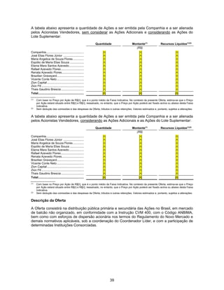 39
A tabela abaixo apresenta a quantidade de Ações a ser emitida pela Companhia e a ser alienada
pelos Acionistas Vendedores, sem considerar as Ações Adicionais e considerando as Ações do
Lote Suplementar:
Quantidade Montante(1)
Recursos Líquidos(1)(2)
(R$)
Companhia.............................................. [•] [•] [•]
José Elias Flores Júnior ......................... [•] [•] [•]
Maria Angelica de Souza Flores ............. [•] [•] [•]
Espólio de Maria Elias Souza ................. [•] [•] [•]
Elania Mara Santos Azevedo.................. [•] [•] [•]
Rafael Azevedo Flores............................ [•] [•] [•]
Renata Azevedo Flores........................... [•] [•] [•]
Brazilian Graveyard................................. [•] [•] [•]
Vicente Conte Neto................................. [•] [•] [•]
Zion Capital............................................. [•] [•] [•]
Zion FII .................................................... [•] [•] [•]
Thais Gaudino Brescia............................ [•] [•] [•]
Total........................................................ [•] [•] [•]
(1)
Com base no Preço por Ação de R$[•], que é o ponto médio da Faixa Indicativa. No contexto da presente Oferta, estima-se que o Preço
por Ação estará situado entre R$[•] e R$[•], ressalvado, no entanto, que o Preço por Ação poderá ser fixado acima ou abaixo desta Faixa
Indicativa.
(2)
Sem dedução das comissões e das despesas da Oferta, tributos e outras retenções. Valores estimados e, portanto, sujeitos a alterações.
A tabela abaixo apresenta a quantidade de Ações a ser emitida pela Companhia e a ser alienada
pelos Acionistas Vendedores, considerando as Ações Adicionais e as Ações do Lote Suplementar:
Quantidade Montante(1)
Recursos Líquidos(1)(2)
(R$)
Companhia.............................................. [•] [•] [•]
José Elias Flores Júnior ......................... [•] [•] [•]
Maria Angelica de Souza Flores ............. [•] [•] [•]
Espólio de Maria Elias Souza ................. [•] [•] [•]
Elania Mara Santos Azevedo.................. [•] [•] [•]
Rafael Azevedo Flores............................ [•] [•] [•]
Renata Azevedo Flores........................... [•] [•] [•]
Brazilian Graveyard................................. [•] [•] [•]
Vicente Conte Neto................................. [•] [•] [•]
Zion Capital............................................. [•] [•] [•]
Zion FII .................................................... [•] [•] [•]
Thais Gaudino Brescia............................ [•] [•] [•]
Total........................................................ [•] [•] [•]
(1)
Com base no Preço por Ação de R$[•], que é o ponto médio da Faixa Indicativa. No contexto da presente Oferta, estima-se que o Preço
por Ação estará situado entre R$[•] e R$[•], ressalvado, no entanto, que o Preço por Ação poderá ser fixado acima ou abaixo desta Faixa
Indicativa.
(2)
Sem dedução das comissões e das despesas da Oferta, tributos e outras retenções. Valores estimados e, portanto, sujeitos a alterações.
Descrição da Oferta
A Oferta consistirá na distribuição pública primária e secundária das Ações no Brasil, em mercado
de balcão não organizado, em conformidade com a Instrução CVM 400, com o Código ANBIMA,
bem como com esforços de dispersão acionária nos termos do Regulamento do Novo Mercado e
demais normativos aplicáveis, sob a coordenação do Coordenador Líder, e com a participação de
determinadas Instituições Consorciadas.
 