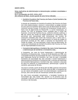 CORTEL HOLDING S.A.
Notas explicativas da Administração às demonstrações contábeis individuais e
consolidadas
Em 31 de dezembro de 2018 e 2017
(Em milhares de Reais, exceto quando de outra forma indicado)
Plano Ser Previdente
O Grupo Cortel, comercializa um plano, identificado como Ser Previdente, que
consiste, em: “Disponibilidade permanente, assessoria e intermediação na
prestação de serviços funerários, com amparo na Lei Federal nº 13.261, de 22
de março de 2016”.
O plano tem duração prevista de quatro anos, sendo prorrogável por tempo
indeterminado por acordo entre as partes.
Trata-se de um contrato, pelo qual há compromissos futuros de prestação de
serviços, cujo valor presente dessas obrigações, precisam ser quantificados,
considerando fatores biométricos (mortalidade, sobrevivência, etc.) e
financeiros, dentre outros, com a utilização de métodos atuariais.
Dentre as condições contratuais, citamos alguns importantes relacionadas à
prestação de serviço:
ƒ Carência para o atendimento funerário de 180 dias para morte natural e 24
horas para morte acidental;
ƒ O contratante pode nomear ou efetuar a substituição de beneficiários
indicados inicialmente no contrato, desde que atendidas as disposições das
cláusulas. Se dentre os beneficiários houver pessoa com mais de 80 (oitenta)
anos completos na data de contratação o plano específico terá um acréscimo
de 30% (trinta por cento) sobre o valor base da mensalidade;
ƒ É permitida a inclusão de beneficiários adicionais (irmão ou tio, por exemplo)
com um acréscimo de 30% (trinta por cento) sobre o valor base da
mensalidade do plano contratado para cada beneficiário. Até um máximo de
dois beneficiários adicionais com este perfil;
ƒ Os filhos que completarem 25 anos de idade poderão manter seus benefícios
na condição de dependentes, mediante alteração da mensalidade em mais
30% (trinta por cento) sobre o valor base do plano contratado, para cada filho
com mais de 25 anos mantido no plano;
ƒ Outros dependentes, como netos e/ou sobrinhos, que completarem 25 anos
de idade podem manter seus benefícios, mediante alteração da mensalidade
em mais 30% sobre o valor base da do plano contratado;
ƒ Em caso de falecimento do cônjuge ou companheiro(a), o sobrevivente pode
adicionar novo cônjuge ou companheiro(a), posteriormente. O novo
integrante, e eventuais ascendentes devem cumprir carência contratual.
Nesta hipótese, será cobrado adicional de 30% nas mensalidades vincendas
para seu ingresso.
63
385
 
