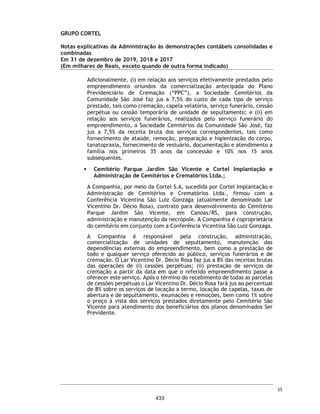 CORTEL HOLDING S.A.
Notas explicativas da Administração às demonstrações contábeis individuais e
consolidadas
Em 31 de dezembro de 2018 e 2017
(Em milhares de Reais, exceto quando de outra forma indicado)
Premissas atuariais
O valor calculado para a provisão em 31 de dezembro de 2018, é de R$ 118 mil.
Serviços a prestar
Refere-se às parcelas recebidas e/ou serviços não prestados dos planos
assistenciais comercializados, cujas obrigações de desempenho ainda não foram
cumpridas e/os serviços ainda não executados.
22. Depósitos judiciais e provisão para contingências
Depósitos judiciais
Os depósitos e bloqueios judiciais referem-se a valores depositados em conta
ou bloqueios de saldos bancários determinados em juízo, para garantia de
eventuais execuções exigidas em juízo, ou valores depositados em acordo
judicial em substituição de pagamentos de tributos ou contas a pagar que estão
sendo discutidas em juízo.
Os depósitos judiciais fiscais são decorrentes da discussão decorrente da
incidência do ISS sobre a cessão de direito do uso de jazigos, conforme
mencionado na Nota Explicativa nº 17.
Principais premissas 2018
Taxa nominal de juros para cálculo (*) 7,73
Taxa SELIC (M eta) (**) 6,50
Correção monetária prevista (IGPM) (**) 12m 4,48
Inflação prevista (IPCA) (**) 12m 4,11
Variação (IGPM ) (**) 8,91
Variação (IPCA) (**) 3,89
Tabua de sobrevivência/mortalidade AT2000
Taxas de cancelamento do plano n/a
Taxas de renovação automática n/a
Descrição 2018 2017 2018 2017
Cíveis - - 672 -
Trabalhistas - - 167 -
Fiscais - - - -
839 -
Controladora Consolidado
64
386
 