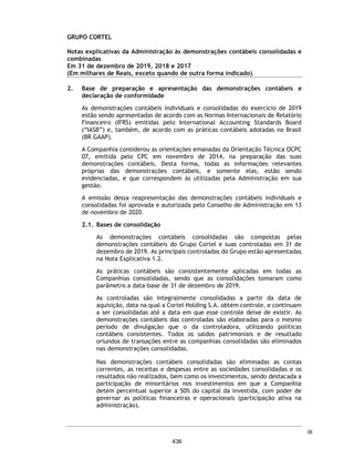 CORTEL HOLDING S.A.
Notas explicativas da Administração às demonstrações contábeis individuais e
consolidadas
Em 31 de dezembro de 2018 e 2017
(Em milhares de Reais, exceto quando de outra forma indicado)
Dividendos mínimos obrigatórios
Em conformidade com o artigo 202 da Lei nº 6.404/76 e conforme, § 1° e § 2°do
art. 27º do Estatuto Social da Companhia, após a constituição da Reserva Legal,
o lucro remanescente será distribuído da seguinte forma:
(a) 80% (oitenta por cento), no mínimo, serão destinados para o pagamento do
dividendo obrigatório devido aos acionistas referentes aos exercícios sociais
de 2018 e 2019;
(b) 50% (cinquenta por cento), no mínimo, serão destinados para o pagamento
do dividendo obrigatório devido aos acionistas nos exercícios sociais
subsequentes. Feitas as distribuições previstas no §1° acima, o saldo
remanescente terá a destinação determinada pela Assembleia Geral de
Acionistas.
O Conselho de Administração da Companhia decidiu pela não alteração dos
dividendos distribuídos anteriormente, em função da alteração e
reapresentação das demonstrações contábeis.
Lucro por ação
O lucro básico por ação é calculado mediante a divisão do lucro atribuível aos
acionistas da Companhia, pela quantidade média ponderada de ações ordinárias
emitidas durante o exercício. A Companhia não possui ações ordinárias
potenciais com efeitos diluidores.
Não há diferença entre lucro básico e lucro diluído por ação, pois não houve
durante o exercício findo em 31 de dezembro de 2018, instrumentos
patrimoniais com efeitos dilutivos.
31/12/2018 31/12/2017 31/12/2018 31/12/2017
Lucro Atribuível aos acionistas da Companhia 14.348 - 14.348 -
Quantidade de ações ordinárias ( Milhares) 9.470 - 9.470 -
Lucro básico e diluído por ação 1,52 N/A 1,52 N/A
Controladora Consolidado
67
389
 