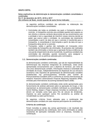 CORTEL HOLDING S.A.
Notas explicativas da Administração às demonstrações contábeis individuais e
consolidadas
Em 31 de dezembro de 2018 e 2017
(Em milhares de Reais, exceto quando de outra forma indicado)
24. Receita líquida
25. Custos de serviços prestados e aluguéis
Descrição 2018 2017 2018 2017
Perpetuações - - 17.560 -
Planos Funerários - - 839 -
Taxas de Manutenção - - 6.341 -
Cremação - - 3.271 -
Sepultamento - - 743 -
Aluguel de Capelas - - 927 -
Cremação Pets - - 475 -
Serviços Funerários - - 2.127 -
Temporários - - 420 -
Planos Assistenciais - - 3.472 -
Receita de Construções - - 9.570 -
Agenciamento - - 696 -
Valor justo de propriedades para investimentos - - 9.757 -
Outros serviços - - 781 -
- - 56.979 -
Deduções
Impostos S/ Vendas - - (3.409) -
Vendas Canceladas - - (1.895) -
Ajuste a valor presente (1.874) -
- - (7.178) -
Receita Líquida - - 49.801 -
Controladora Consolidado
Descrição 2018 2017 2018 2017
Remuneração de Pessoal - - (3.286) -
Material Aplicado na prestação do serviço - - (704) -
Serviço de Terceiros - - (697) -
Custo com Jazigos - - (709) -
Depreciação e Amortização - Custo - - (293) -
Custo com Repasse - - (383) -
Outros Custos - - (652) -
- - (6.724) -
Controladora Consolidado
68
390
 