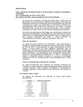 GRUPO CORTEL
Demonstrações contábeis consolidadas e combinadas
Em 31 de dezembro de 2019
Conteúdo
Relatório da Administração
Relatório do auditor independente sobre as demonstrações consolidadas e
combinadas
Balanços patrimoniais consolidadas e combinadas
Demonstrações do resultado consolidadas e combinadas
Demonstrações do resultado abrangente consolidadas e combinadas
Demonstrações das mutações do patrimônio líquido consolidadas e combinadas
Demonstrações dos fluxos de caixa consolidadas e combinadas
Demonstrações do valor adicionado consolidadas e combinadas
Notas explicativas da Administração às demonstrações contábeis consolidadas e
combinadas
2
400
 