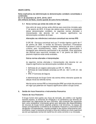 CORTEL HOLDING S.A.
Grupo Cortel
Relatório da Administração referente as Demonstrações Financeiras Combinadas de
31 de dezembro de 2019 / 31 de dezembro de 2018 / 31 de dezembro de 2017.
governança corporativa. No primeiro semestre, a Companhia adquiriu 25% (vinte por cento) da
empresa Cemitério Parque de Tarumã em Manaus/AM (“CEDAM”), passando a deter a totalidade das
cotas sociais da CEDAM. Em agosto de 2019, a Companhia conclui a aquisição de 21,47% da Holding
WMRP Participações S/A, detentora das empresas Memorial Parque do Girassóis e Girassóis Planos
de Assistência Familiar (em conjunto, “Girassóis”), na cidade de Ribeirão Preto/SP. A aquisição do
Girassóis deu início a presença da Companhia no Estado de São Paulo, assumindo a gestão desse
empreendimento através da bandeira do Grupo Cortel.
Consoante a estratégia de consolidação, a administração avaliou outros ativos regionais e, envidou
esforços, especialmente, na avaliação da licitação do Município de São Paulo. A Cortel Holding jáғ
vem acompanhando o potencial certame de São Paulo desde a publicação do Procedimento de
Manifestação de Interesse - PMI em junho de 2017 e seus demais eventos subsequentes.
1.2. Estrutura de Governança Corporativa
A Cortel Holding vem aprimorando sua estrutura de governança corporativa, por meio do seu conselho
de administração e do desenvolvimento de seus controles internos. Em 2019, a Cortel Holding elegeu
mais um membro independente para o conselho de administração com larga experiência no setor de
cemitérios e crematórios. O Conselho possui 5 assentos, sendo três assentos indicados pelos
acionistas controladores e 2 pelos minoritários. Um assento está vago e os demais foram reeleitos
pelo segundo mantado.
Quanto a sua estrutura operacional, ao final do ano de 2019, a Companhia firmou um importante
contrato com a SAP Brasil, para o desenvolvimento de novo ERP para o setor de cemitérios e
crematórios, com previsão de entrada em operação em 2022. A decisão de migrar para a SAP Brasil
visa implantar maior robustez de processos internos e gestão contábil e maior velocidade de inserção
tecnológica.
6
404
 