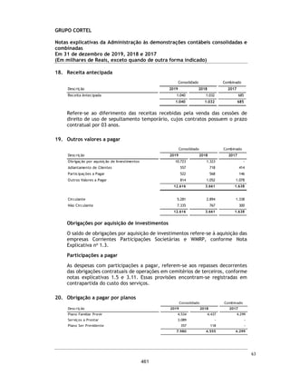 c
Ênfase
Base de elaboração e apresentação
Chamamos a atenção para as Notas Explicativas nos
2.1 e 2.2 às demonstrações contábeis, na qual o
Grupo Cortel descreve a base de elaboração das referidas demonstrações contábeis consolidadas e
combinadas. As demonstrações contábeis consolidadas e combinadas do segmento de cemitérios e
serviços funerários (death care) do Grupo Cortel podem não ser um indicativo da posição e
performance econômica e financeira, bem como dos fluxos de caixa que poderiam ser obtidos se o
Grupo Cortel tivesse operado como uma única entidade independente. As referidas demonstrações
contábeis consolidadas e combinadas foram elaboradas e apresentadas exclusivamente para
demonstrar a posição patrimonial e financeira, o desempenho das operações e os fluxos de caixa
relativos ao segmento de cemitérios e serviços funerários (death care) do Grupo Cortel e podem não
servir para outras finalidades. Nossa opinião não está modificada em relação a esse assunto.
Principais assuntos de auditoria
Principais assuntos de auditoria são aqueles que, em nosso julgamento profissional, foram os mais
significativos em nossa auditoria do exercício corrente. Esses assuntos foram tratados no contexto de
nossa auditoria das demonstrações contábeis consolidadas e combinadas como um todo e na formação
de nossa opinião sobre essas demonstrações contábeis consolidadas e combinadas e, portanto, não
expressamos uma opinião separada sobre esses assuntos.
Processo de elaboração da consolidação e
combinação das empresas do Grupo Cortel
Conforme apresentado nas Notas Explicativas
nºs 2.1 e 2.2, o Grupo Cortel possui um volume
significativo de empresas do segmento de
cemitérios e serviços funerários (death care) que
operam sob controle comum. Essas empresas até
junho de 2018 operavam sem a figura de uma
holding, atuando como controladora dessas
entidades, o que veio ocorrer a partir de julho de
2018.
Este assunto foi considerado significativo para
nossa auditoria, tendo em vista que o processo de
consolidação e combinação não é automatizado e
exige um volume relevante de processamento de
informações em papéis de trabalhos fora do
sistema de processamento de dados da
contabilidade.
Resposta da auditoria ao assunto
Nossos procedimentos de auditoria incluíram,
entre outros:
ƒ Indagação junto à Administração quanto ao
entendimento dos controles relacionados ao
processo de consolidação e combinação;
ƒ Obtenção de evidências que comprovasse o
ambiente do controle comum;
ƒ Avaliação da exatidão e acuracidade dos
números processados;
ƒ Adequação dos critérios frente as
orientações normativas; e
ƒ Avaliação da divulgação das informações nas
notas explicativas.
Durante o processo de auditoria identificamos a
necessidade de ajustes que afetaram os saldos
consolidados, os quais foram registrados e
divulgados pela Administração conforme Nota
Explicativa 2.1. às demonstrações contábeis
societárias.
Após a realização dos ajustes identificados,
tendo por base as evidências obtidas,
consideramos que os critérios utilizados estão
conforme as normas contábeis vigentes, bem
como o processamento das informações está
adequado, assim como as suas respectivas
divulgações.
16
414
 
