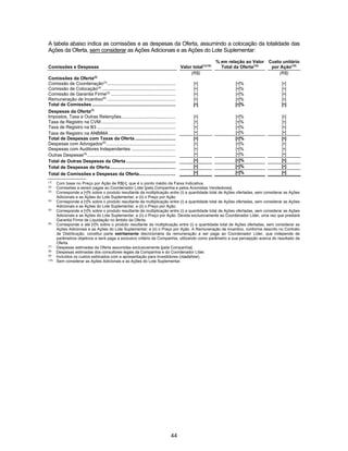 44
A tabela abaixo indica as comissões e as despesas da Oferta, assumindo a colocação da totalidade das
Ações da Oferta, sem considerar as Ações Adicionais e as Ações do Lote Suplementar:
Comissões e Despesas Valor total(1)(10)
% em relação ao Valor
Total da Oferta(10)
Custo unitário
por Ação(10)
(R$) (R$)
Comissões da Oferta(2)
Comissão de Coordenação(3)
...................................................... [•] [•]% [•]
Comissão de Colocação(4)
.......................................................... [•] [•]% [•]
Comissão de Garantia Firme(5)
................................................... [•] [•]% [•]
Remuneração de Incentivo(6)
...................................................... [•] [•]% [•]
Total de Comissões .................................................................. [•] [•]% [•]
Despesas da Oferta(7)
Impostos, Taxa e Outras Retenções........................................... [•] [•]% [•]
Taxa de Registro na CVM........................................................... [•] [•]% [•]
Taxa de Registro na B3 .............................................................. [•] [•]% [•]
Taxa de Registro na ANBIMA..................................................... [•] [•]% [•]
Total de Despesas com Taxas da Oferta ................................ [•] [•]% [•]
Despesas com Advogados(8)
....................................................... [•] [•]% [•]
Despesas com Auditores Independentes ................................... [•] [•]% [•]
Outras Despesas(9)
...................................................................... [•] [•]% [•]
Total de Outras Despesas da Oferta ....................................... [•] [•]% [•]
Total de Despesas da Oferta.................................................... [•] [•]% [•]
Total de Comissões e Despesas da Oferta............................. [•] [•]% [•]
(1)
Com base no Preço por Ação de R$[•], que é o ponto médio da Faixa Indicativa.
(2)
Comissões a serem pagas ao Coordenador Líder [pela Companhia e pelos Acionistas Vendedores].
(3)
Corresponde a [•]% sobre o produto resultante da multiplicação entre (i) a quantidade total de Ações ofertadas, sem considerar as Ações
Adicionais e as Ações do Lote Suplementar; e (ii) o Preço por Ação.
(4)
Corresponde a [•]% sobre o produto resultante da multiplicação entre (i) a quantidade total de Ações ofertadas, sem considerar as Ações
Adicionais e as Ações do Lote Suplementar; e (ii) o Preço por Ação.
(5)
Corresponde a [•]% sobre o produto resultante da multiplicação entre (i) a quantidade total de Ações ofertadas, sem considerar as Ações
Adicionais e as Ações do Lote Suplementar; e (ii) o Preço por Ação. Devida exclusivamente ao Coordenador Líder, uma vez que prestará
Garantia Firme de Liquidação no âmbito da Oferta.
(6)
Corresponde a até [•]% sobre o produto resultante da multiplicação entre (i) a quantidade total de Ações ofertadas, sem considerar as
Ações Adicionais e as Ações do Lote Suplementar; e (ii) o Preço por Ação. A Remuneração de Incentivo, conforme descrito no Contrato
de Distribuição, constitui parte estritamente discricionária da remuneração a ser paga ao Coordenador Líder, que independe de
parâmetros objetivos e será paga a exclusivo critério da Companhia, utilizando como parâmetro a sua percepção acerca do resultado da
Oferta.
(7)
Despesas estimadas da Oferta assumidas exclusivamente [pela Companhia].
(8)
Despesas estimadas dos consultores legais da Companhia e do Coordenador Líder.
(9)
Incluídos os custos estimados com a apresentação para investidores (roadshow).
(10)
Sem considerar as Ações Adicionais e as Ações do Lote Suplementar.
 
