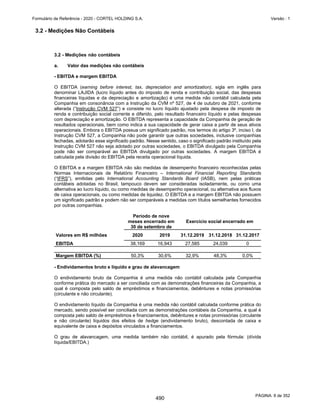 GRUPO CORTEL
Notas explicativas da Administração às demonstrações contábeis consolidadas e
combinadas
Em 31 de dezembro de 2019, 2018 e 2017
(Em milhares de Reais, exceto quando de outra forma indicado)
As propriedades para investimento são baixadas quando cedidas como
jazigos perpétuos, pois não se espera nenhum benefício econômico
referente a uma futura cessão vinculada a mesma unidade. A diferença
entre o valor líquido obtido pela cessão de uso perpétua e o valor contábil
do ativo é reconhecida na demonstração do resultado no momento da
baixa. As cessões de contratos perpétuos, eventualmente, distratados ou
abandonadas e recuperadas retornam a propriedades para investimento
da Companhia ao valor de seu respectivo custo histórico de construção e
remensurados a valor justo na data da recuperação ou retomada da
unidade.
3.6 Investimentos
Os investimentos do Grupo são avaliados com base no método da
equivalência patrimonial, conforme pronunciamento contábil CPC18 (IAS
28), para fins de demonstrações contábeis da Controladora. A participação
societária nas coligadas são demonstrados na demonstração do resultado
como equivalência patrimonial, representando o lucro líquido atribuível
aos acionistas da coligada.
3.7 Imobilizado
O imobilizado está substancialmente representado por nossa sede
corporativa e demais ativos necessários para a prestação de serviços,
como por exemplo os serviços de cremação, e compreendem terrenos
próprios, construções, veículos, móveis e utensílios entre outros, que
estão mensurados pelo custo. Manutenção e reparos são contabilizados
como despesas, enquanto as renovações e substituições importantes que
estendem a vida útil dos ativos são capitalizados.
A depreciação é reconhecida proporcionalmente ao longo da vida útil
estimada dos ativos.
3.8 Avaliação ao valor recuperável dos ativos não financeiros com vida útil
definida (“impairment”)
Imobilizado, intangível e outros ativos não circulantes com vida útil
definida são revisados anualmente com a finalidade de identificar indícios
de perdas (“impairment”) dos ativos, ou sempre que eventos ou mudanças
nas circunstâncias indicarem que o valor contábil de um ativo ou grupo de
ativos pode não ser recuperável.
45
443
 
