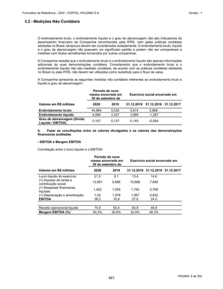GRUPO CORTEL
Notas explicativas da Administração às demonstrações contábeis consolidadas e
combinadas
Em 31 de dezembro de 2019, 2018 e 2017
(Em milhares de Reais, exceto quando de outra forma indicado)
Caso sejam identificados indícios de impairment, o teste de redução ao
valor recuperável de ativos é realizado pela comparação do valor contábil
de um ativo ou unidade geradora de caixa com o seu valor recuperável.
Considerando-se as particularidades dos ativos da Companhia e a
expectativa de utilização dos ativos até o final da vida útil, o valor
recuperável utilizado para avaliação do teste é o valor em uso.
A Companhia não identificou indícios de impairment dos seus ativos não
financeiros com vida útil definida.
3.9 Fornecedores
São obrigações a pagar por bens ou serviços que foram adquiridos no curso
ordinário dos negócios, sendo classificadas como passivo circulante,
exceto quando o prazo de vencimento for superior a 12 meses após a data
do balanço, quando são apresentadas como passivo não circulante. São
reconhecidas ao valor justo da transação, que corresponde ao valor da
fatura correspondente.
3.10 Empréstimos e financiamentos
Os empréstimos e financiamentos são reconhecidos, inicialmente, pelo
valor justo, líquidos dos custos de transação. Em seguida, os empréstimos
tomados são apresentados pelo custo amortizado, isto é, acrescidos de
encargos e juros proporcionais ao período incorrido.
3.11 Arrendamentos e concessões (participações a pagar)
Referem-se a contratos de exploração por tempo determinado de
empreendimentos de terceiros das atividades operacionais da Companhia.
A contraprestação paga como remuneração aos proprietários dos
respectivos ativos, preveem pagamentos variáveis os quais são registrados
mensalmente de acordo com o CPC 06/IFRS 16 – Arrendamento. Essa
característica de remuneração não atende aos critérios para fins de
reconhecimento dos passivos de arrendamentos em contrapartida de ativo
de direito de uso.
3.12 Provisão para contingências, incluindo riscos ambientais
As provisões para riscos tributários, cíveis e trabalhistas são reconhecidas
quando a Companhia e suas controladas têm uma obrigação presente ou
não formalizada como resultado de eventos passados, sendo provável que
uma saída de recursos seja necessária para liquidar a obrigação e o valor
possa ser estimado com segurança. As provisões são quantificadas com
base no valor esperado de liquidação tendo por base a opinião dos
assessores jurídicos do Grupo.
46
444
 