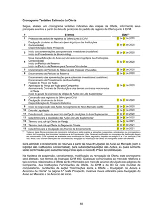 66
Cronograma Tentativo Estimado da Oferta
Segue, abaixo, um cronograma tentativo indicativo das etapas da Oferta, informando seus
principais eventos a partir da data de protocolo do pedido de registro da Oferta junto à CVM:
# Eventos Data(1)
1 Protocolo de pedido de registros da Oferta junto à CVM [•] de [•] de 2020
2
Divulgação do Aviso ao Mercado (sem logotipos das Instituições
Consorciadas)
Disponibilização deste Prospecto
[•] de [•] de 2020
3 Início das apresentações para potenciais investidores (roadshow)
Início do Procedimento de Bookbuilding
[•] de [•] de 2020
4
Nova disponibilização do Aviso ao Mercado (com logotipos das Instituições
Consorciadas)
Início do Período de Reserva
Início do Período de Reserva para Pessoas Vinculadas
[•] de [•] de 2020
5 Encerramento do Período de Reserva para Pessoas Vinculadas [•] de [•] de 2020
6 Encerramento do Período de Reserva [•] de [•] de 2020
7
Encerramento das apresentações para potenciais investidores (roadshow)
Encerramento do Procedimento de Bookbuilding
Fixação do Preço por Ação
Aprovação do Preço por Ação pela Companhia
Assinatura do Contrato de Distribuição e dos demais contratos relacionados
à Oferta
Início do prazo de exercício da Opção de Ações do Lote Suplementar
[•] de [•] de 2020
8
Concessão dos registros da Oferta pela CVM
Divulgação do Anúncio de Início
Disponibilização do Prospecto Definitivo
[•] de [•] de 2020
9 Início de negociação das Ações no segmento do Novo Mercado da B3 [•] de [•] de 2020
10 Data de Liquidação [•] de [•] de 2020
11 Data limite do prazo de exercício da Opção de Ações do Lote Suplementar [•] de [•] de 2020
12 Data limite para a liquidação das Ações do Lote Suplementar [•] de [•] de 2020
13 Término do Lock-up Oferta de Varejo [•] de [•] de 2021
14 Término do Lock-up Oferta do Segmento Private [•] de [•] de 2021
15 Data limite para a divulgação do Anúncio de Encerramento [•] de [•] de 2021
(1)
Todas as datas futuras previstas são meramente indicativas e estão sujeitas a alterações, suspensões, antecipações ou prorrogações a
critério da Companhia, dos Acionistas Vendedores e do Coordenador Líder. Qualquer modificação no cronograma da distribuição deverá
ser comunicada à CVM e poderá ser analisada como modificação da Oferta, seguindo o disposto nos artigos 25 e 27 da Instrução CVM
400. Ainda, caso ocorram alterações das circunstâncias, revogação ou modificação da Oferta, tal cronograma poderá ser alterado.
Será admitido o recebimento de reservas a partir da nova divulgação do Aviso ao Mercado (com o
logotipo das Instituições Consorciadas), para subscrição/aquisição das Ações, as quais somente
serão confirmadas pelo subscritor/adquirente após o início do Prazo de Distribuição.
Na hipótese de suspensão, cancelamento, modificação ou revogação da Oferta, este cronograma
será alterado, nos termos da Instrução CVM 400. Quaisquer comunicados ao mercado relativos a
tais eventos relacionados à Oferta serão informados por meio de anúncio divulgado nas páginas da
Companhia, das Instituições Participantes da Oferta, da CVM e da B3 na rede mundial de
computadores, constantes da seção “Informações sobre a Oferta – Divulgação de Avisos e
Anúncios da Oferta” na página 67 deste Prospecto, mesmos meios utilizados para divulgação do
Aviso ao Mercado e do Anúncio de Início.
 