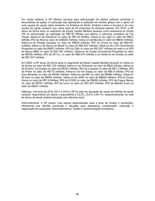 80
Em renda variável, a XP oferece serviços para estruturação de ofertas públicas primárias e
secundárias de ações. A condução das operações é realizada em âmbito global com o apoio de
uma equipe de equity sales presente na América do Norte, América Latina e Europa e de uma
equipe de equity research que cobre mais de 45 empresas de diversos setores. Em 2019, a XP
atuou de forma ativa no segmento de Equity Capital Markets atuando como assessora do Grupo
CB na estruturação da operação de R$2,30 bilhões que alterou a estrutura societária da Via
Varejo; follow-on da Petrobras no valor de R$7,30 bilhões; follow-on da Light no valor de R$2,5
bilhões; IPO da Afya no valor de US$250 milhões; follow-on da Movida no valor de R$832 milhões;
follow-on da Omega Geração no valor de R$830 milhões; IPO da Vivara no valor de R$2.041
milhões; follow-on de Banco do Brasil no valor de R$5.837 milhões; follow-on de LOG Commercial
Properties no valor de R$637 milhões; IPO da C&A no valor de R$1.627 milhões de reais e no IPO
do Banco BMG no valor de R$1.391 milhões, follow-on de Cyrela Commercial Properties no valor
de R$760 milhões; IPO da XP Inc. no valor de R$9.276 milhões e no follow-on de Unidas no valor
de R$1.837 milhões.
Em 2020, a XP atuou de forma ativa no segmento de Equity Capital Markets atuando no follow-on
da Ânima no valor de R$1.100 milhões; follow-on da Petrobras no valor de R$22 bilhões; follow-on
da Positivo Tecnologia no valor de R$353 milhões; IPO da Locaweb no valor de R$1,3 bilhões; IPO
da Priner no valor de R$173 milhões; follow-on da Via Varejo no valor de R$4,5 bilhões; IPO da
Aura Minerals no valor de R$785 milhões; follow-on da IMC no valor de R$384 milhões; follow-on
de Irani no valor de R$405 milhões; follow-on da JHSF no valor de R$400 milhões; IPO do Grupo
Soma no valor de R$1,8 bilhões; IPO da D1000 no valor de R$400 milhões; IPO da Pague Menos
no valor de R$747 milhões; IPO da Lavvi no valor de R$1.027 milhões; IPO da Melnick Even no
valor de R$621 milhões.
Ademais, nos anos de 2016, 2017 e 2018 a XP foi líder em alocação de varejo em ofertas de renda
variável, responsável por alocar o equivalente a 72,2%, 53,4% e 64,1%, respectivamente, do total
de ativos de renda variável alocados nos referidos anos.
Adicionalmente, a XP possui uma equipe especializada para a área de fusões e aquisições,
oferecendo aos clientes estruturas e soluções para assessoria, coordenação, execução e
negociação de aquisições, desinvestimentos, fusões e reestruturações societárias.
 