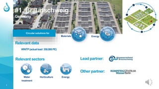 1
#1. Braunschweig
Germany
Circular solutions for
Energy
Materials
WWTP(actual load: 350,000PE)
Lead partner:
Relevant sectors
Horticulture
Water
treatment
Relevant data
Energy
Other partner:
 