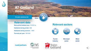 1
Circular solutions for
Water
#7 Gotland
Sweden
Relevant data
Relevant sectors
Tourist
industry
Municipal
sector
Water
sector
Lead partners
Storsudred testbed area: 14 000 ha
Habitants during winter: 900
Habitants during summer : 1800
Tourists per year: 300 000
 