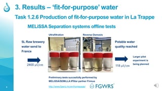 9
MELiSSA Separation systems offline tests
Preliminary tests succesfully performed by
MELiSSA/SEMiLLA IPStar partner Firmus
http://www.fgwrs.mc/en/homepage/
5L Raw brewery
water send to
France
Potable water
quality reached
Ultrafiltration Reverse Osmosis
Larger pilot
experiment is
being planned
3. Results – ‘fit-for-purpose’ water
Task 1.2.6 Production of fit-for-purpose water in La Trappe
118 μS/cm
2400 μS/cm
 