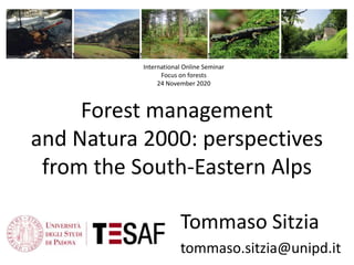 Forest management
and Natura 2000: perspectives
from the South-Eastern Alps
! ! ! ! !
!
Credit:ThomasCampagnaro Credit:ThomasCampagnaro Credit: ThomasCampagnaro Credit: ThomasCampagnaroCredit: Tommaso Sitzia
Natura2000 Biogeographical Process
Alpineand Continental Region
Forest management and Natura2000 in the
Alpineand Continental biogeographical
regions:bridgingresearch and practice
Recallingthehistoricconcept of sustainableusein forestry toNatura2000
Padova,21-23June,2016
Venue:PadovaUniversity – BoPalaceandBotanical Garden
Fieldvenue:MontelloandCansiglioforests
Tommaso Sitzia
tommaso.sitzia@unipd.it
International Online Seminar
Focus on forests
24 November 2020
 