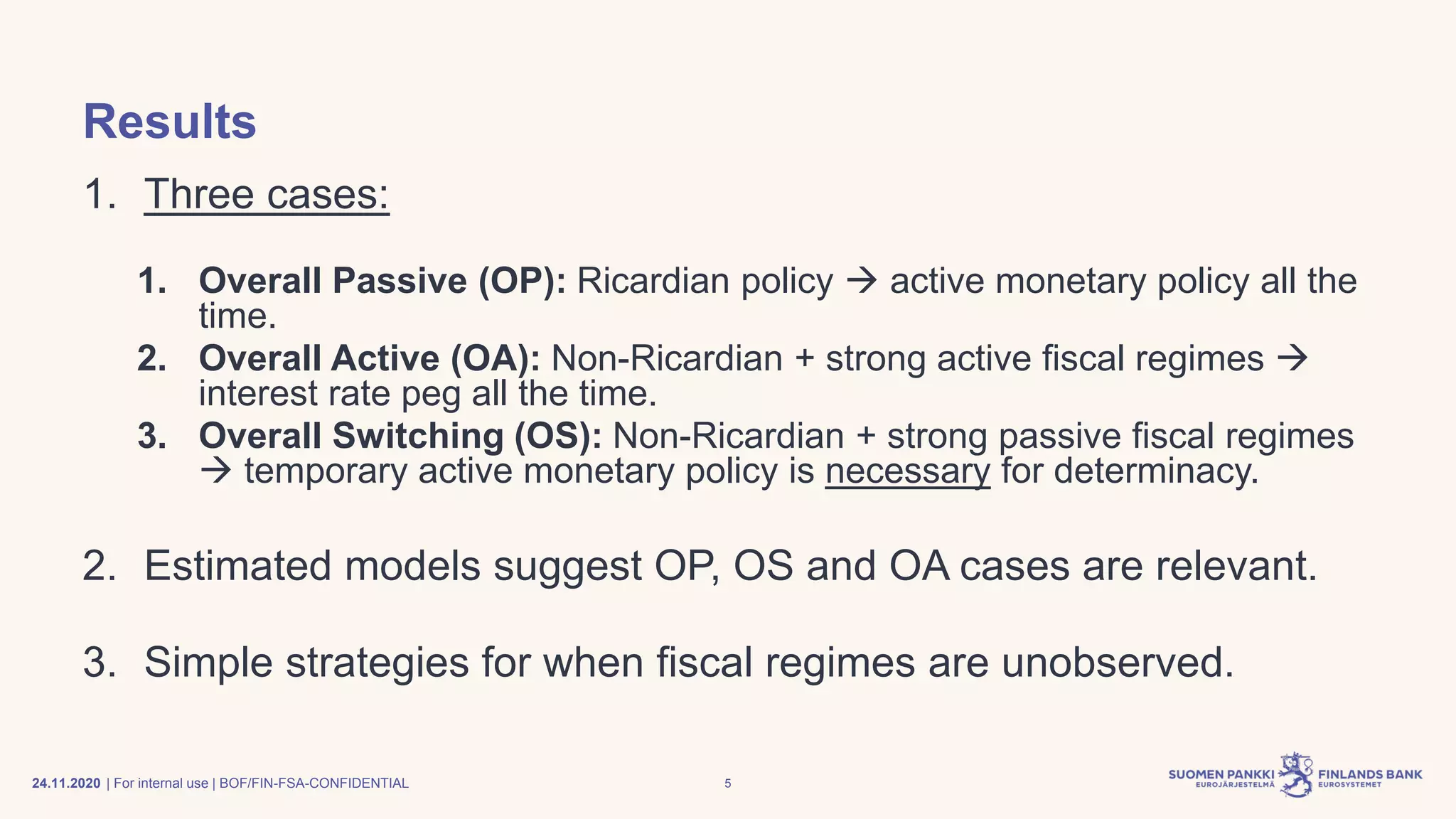 | For internal use | BOF/FIN-FSA-CONFIDENTIAL
Results
1. Three cases:
1. Overall Passive (OP): Ricardian policy → active monetary policy all the
time.
2. Overall Active (OA): Non-Ricardian + strong active fiscal regimes →
interest rate peg all the time.
3. Overall Switching (OS): Non-Ricardian + strong passive fiscal regimes
→ temporary active monetary policy is necessary for determinacy.
2. Estimated models suggest OP, OS and OA cases are relevant.
3. Simple strategies for when fiscal regimes are unobserved.
24.11.2020 5
 