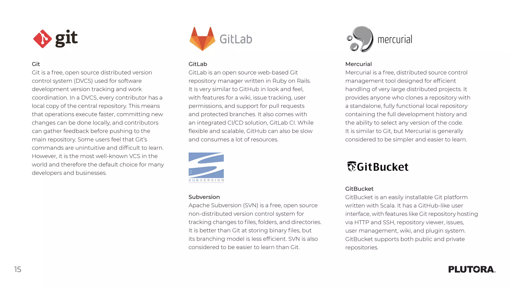 15
Git
Git is a free, open source distributed version
control system (DVCS) used for software
development version tracking and work
coordination. In a DVCS, every contributor has a
local copy of the central repository. This means
that operations execute faster, committing new
changes can be done locally, and contributors
can gather feedback before pushing to the
main repository. Some users feel that Git’s
commands are unintuitive and difficult to learn.
However, it is the most well-known VCS in the
world and therefore the default choice for many
developers and businesses.
GitLab
GitLab is an open source web-based Git
repository manager written in Ruby on Rails.
It is very similar to GitHub in look and feel,
with features for a wiki, issue tracking, user
permissions, and support for pull requests
and protected branches. It also comes with
an integrated CI/CD solution, GitLab CI. While
flexible and scalable, GitHub can also be slow
and consumes a lot of resources.
Mercurial
Mercurial is a free, distributed source control
management tool designed for efficient
handling of very large distributed projects. It
provides anyone who clones a repository with
a standalone, fully functional local repository
containing the full development history and
the ability to select any version of the code.
It is similar to Git, but Mercurial is generally
considered to be simpler and easier to learn.
GitBucket
GitBucket is an easily installable Git platform
written with Scala. It has a GitHub-like user
interface, with features like Git repository hosting
via HTTP and SSH, repository viewer, issues,
user management, wiki, and plugin system.
GitBucket supports both public and private
repositories.
Subversion
Apache Subversion (SVN) is a free, open source
non-distributed version control system for
tracking changes to files, folders, and directories.
It is better than Git at storing binary files, but
its branching model is less efficient. SVN is also
considered to be easier to learn than Git.
 