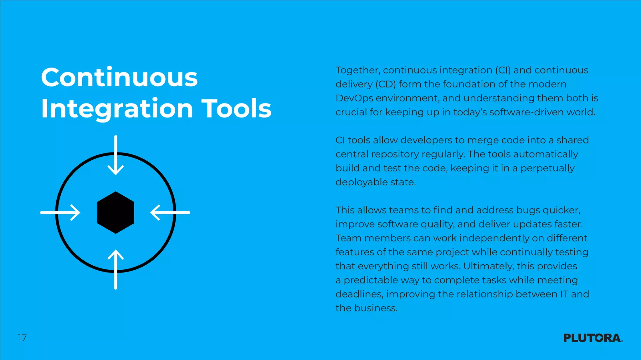 17
Continuous
Integration Tools
Together, continuous integration (CI) and continuous
delivery (CD) form the foundation of the modern
DevOps environment, and understanding them both is
crucial for keeping up in today’s software-driven world.
CI tools allow developers to merge code into a shared
central repository regularly. The tools automatically
build and test the code, keeping it in a perpetually
deployable state.
This allows teams to find and address bugs quicker,
improve software quality, and deliver updates faster.
Team members can work independently on different
features of the same project while continually testing
that everything still works. Ultimately, this provides
a predictable way to complete tasks while meeting
deadlines, improving the relationship between IT and
the business.
 