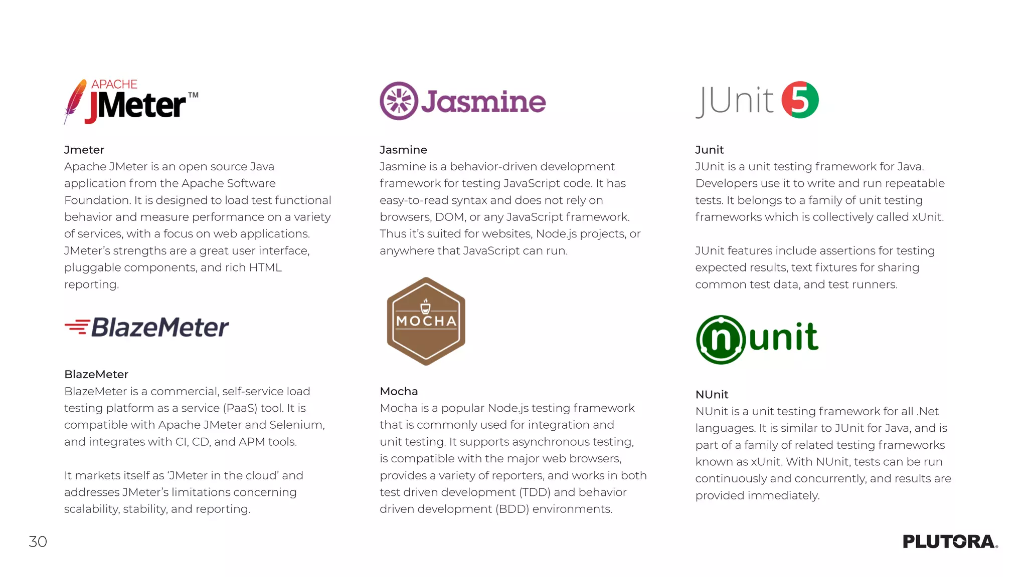 30
Jmeter
Apache JMeter is an open source Java
application from the Apache Software
Foundation. It is designed to load test functional
behavior and measure performance on a variety
of services, with a focus on web applications.
JMeter’s strengths are a great user interface,
pluggable components, and rich HTML
reporting.
BlazeMeter
BlazeMeter is a commercial, self-service load
testing platform as a service (PaaS) tool. It is
compatible with Apache JMeter and Selenium,
and integrates with CI, CD, and APM tools.
It markets itself as ‘JMeter in the cloud’ and
addresses JMeter’s limitations concerning
scalability, stability, and reporting.
Jasmine
Jasmine is a behavior-driven development
framework for testing JavaScript code. It has
easy-to-read syntax and does not rely on
browsers, DOM, or any JavaScript framework.
Thus it’s suited for websites, Node.js projects, or
anywhere that JavaScript can run.
Junit
JUnit is a unit testing framework for Java.
Developers use it to write and run repeatable
tests. It belongs to a family of unit testing
frameworks which is collectively called xUnit.
JUnit features include assertions for testing
expected results, text fixtures for sharing
common test data, and test runners.
Mocha
Mocha is a popular Node.js testing framework
that is commonly used for integration and
unit testing. It supports asynchronous testing,
is compatible with the major web browsers,
provides a variety of reporters, and works in both
test driven development (TDD) and behavior
driven development (BDD) environments.
NUnit
NUnit is a unit testing framework for all .Net
languages. It is similar to JUnit for Java, and is
part of a family of related testing frameworks
known as xUnit. With NUnit, tests can be run
continuously and concurrently, and results are
provided immediately.
 