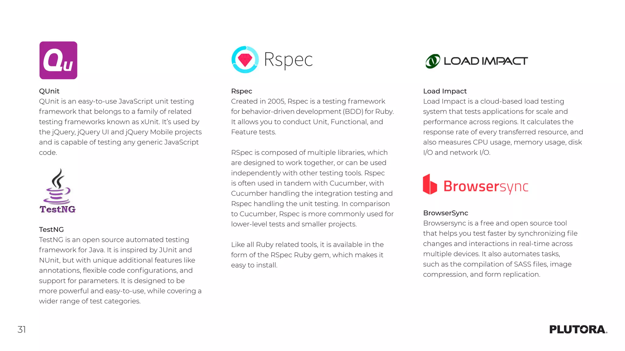 31
QUnit
QUnit is an easy-to-use JavaScript unit testing
framework that belongs to a family of related
testing frameworks known as xUnit. It’s used by
the jQuery, jQuery UI and jQuery Mobile projects
and is capable of testing any generic JavaScript
code.
TestNG
TestNG is an open source automated testing
framework for Java. It is inspired by JUnit and
NUnit, but with unique additional features like
annotations, flexible code configurations, and
support for parameters. It is designed to be
more powerful and easy-to-use, while covering a
wider range of test categories.
Rspec
Created in 2005, Rspec is a testing framework
for behavior-driven development (BDD) for Ruby.
It allows you to conduct Unit, Functional, and
Feature tests.
RSpec is composed of multiple libraries, which
are designed to work together, or can be used
independently with other testing tools. Rspec
is often used in tandem with Cucumber, with
Cucumber handling the integration testing and
Rspec handling the unit testing. In comparison
to Cucumber, Rspec is more commonly used for
lower-level tests and smaller projects.
Like all Ruby related tools, it is available in the
form of the RSpec Ruby gem, which makes it
easy to install.
Load Impact
Load Impact is a cloud-based load testing
system that tests applications for scale and
performance across regions. It calculates the
response rate of every transferred resource, and
also measures CPU usage, memory usage, disk
I/O and network I/O.
BrowserSync
Browsersync is a free and open source tool
that helps you test faster by synchronizing file
changes and interactions in real-time across
multiple devices. It also automates tasks,
such as the compilation of SASS files, image
compression, and form replication.
 