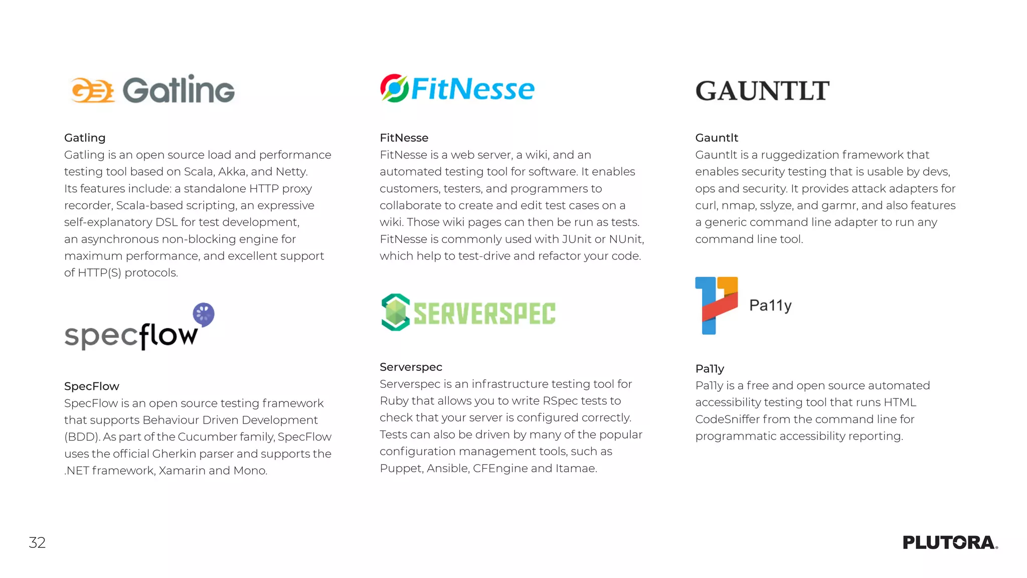 32
Gatling
Gatling is an open source load and performance
testing tool based on Scala, Akka, and Netty.
Its features include: a standalone HTTP proxy
recorder, Scala-based scripting, an expressive
self-explanatory DSL for test development,
an asynchronous non-blocking engine for
maximum performance, and excellent support
of HTTP(S) protocols.
SpecFlow
SpecFlow is an open source testing framework
that supports Behaviour Driven Development
(BDD). As part of the Cucumber family, SpecFlow
uses the official Gherkin parser and supports the
.NET framework, Xamarin and Mono.
Serverspec
Serverspec is an infrastructure testing tool for
Ruby that allows you to write RSpec tests to
check that your server is configured correctly.
Tests can also be driven by many of the popular
configuration management tools, such as
Puppet, Ansible, CFEngine and Itamae.
FitNesse
FitNesse is a web server, a wiki, and an
automated testing tool for software. It enables
customers, testers, and programmers to
collaborate to create and edit test cases on a
wiki. Those wiki pages can then be run as tests.
FitNesse is commonly used with JUnit or NUnit,
which help to test-drive and refactor your code.
Gauntlt
Gauntlt is a ruggedization framework that
enables security testing that is usable by devs,
ops and security. It provides attack adapters for
curl, nmap, sslyze, and garmr, and also features
a generic command line adapter to run any
command line tool.
Pa11y
Pa11y is a free and open source automated
accessibility testing tool that runs HTML
CodeSniffer from the command line for
programmatic accessibility reporting.
 