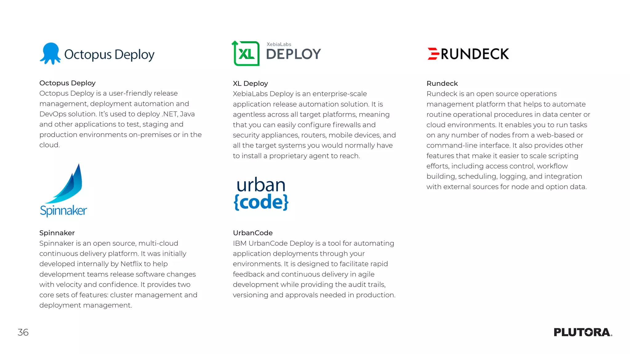 36
Octopus Deploy
Octopus Deploy is a user-friendly release
management, deployment automation and
DevOps solution. It’s used to deploy .NET, Java
and other applications to test, staging and
production environments on-premises or in the
cloud.
XL Deploy
XebiaLabs Deploy is an enterprise-scale
application release automation solution. It is
agentless across all target platforms, meaning
that you can easily configure firewalls and
security appliances, routers, mobile devices, and
all the target systems you would normally have
to install a proprietary agent to reach.
Rundeck
Rundeck is an open source operations
management platform that helps to automate
routine operational procedures in data center or
cloud environments. It enables you to run tasks
on any number of nodes from a web-based or
command-line interface. It also provides other
features that make it easier to scale scripting
efforts, including access control, workflow
building, scheduling, logging, and integration
with external sources for node and option data.
Spinnaker
Spinnaker is an open source, multi-cloud
continuous delivery platform. It was initially
developed internally by Netflix to help
development teams release software changes
with velocity and confidence. It provides two
core sets of features: cluster management and
deployment management.
UrbanCode
IBM UrbanCode Deploy is a tool for automating
application deployments through your
environments. It is designed to facilitate rapid
feedback and continuous delivery in agile
development while providing the audit trails,
versioning and approvals needed in production.
 