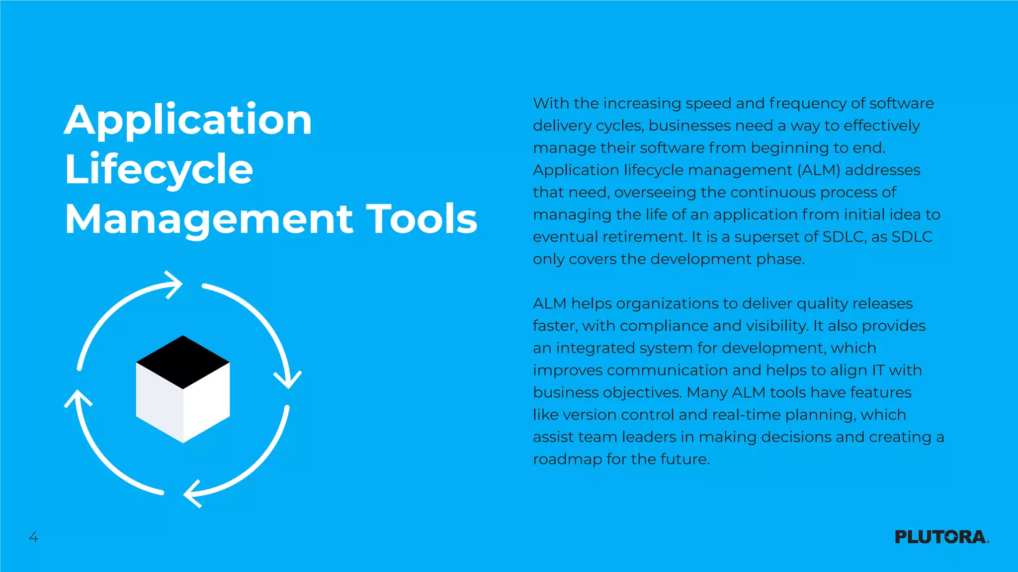 4
Application
Lifecycle
Management Tools
With the increasing speed and frequency of software
delivery cycles, businesses need a way to effectively
manage their software from beginning to end.
Application lifecycle management (ALM) addresses
that need, overseeing the continuous process of
managing the life of an application from initial idea to
eventual retirement. It is a superset of SDLC, as SDLC
only covers the development phase.
ALM helps organizations to deliver quality releases
faster, with compliance and visibility. It also provides
an integrated system for development, which
improves communication and helps to align IT with
business objectives. Many ALM tools have features
like version control and real-time planning, which
assist team leaders in making decisions and creating a
roadmap for the future.
 