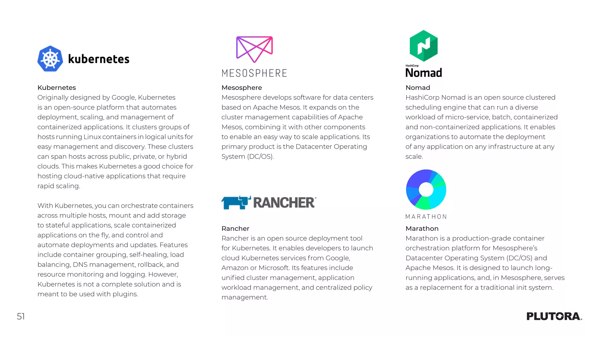 51
Nomad
HashiCorp Nomad is an open source clustered
scheduling engine that can run a diverse
workload of micro-service, batch, containerized
and non-containerized applications. It enables
organizations to automate the deployment
of any application on any infrastructure at any
scale.
Marathon
Marathon is a production-grade container
orchestration platform for Mesosphere’s
Datacenter Operating System (DC/OS) and
Apache Mesos. It is designed to launch long-
running applications, and, in Mesosphere, serves
as a replacement for a traditional init system.
Kubernetes
Originally designed by Google, Kubernetes
is an open-source platform that automates
deployment, scaling, and management of
containerized applications. It clusters groups of
hosts running Linux containers in logical units for
easy management and discovery. These clusters
can span hosts across public, private, or hybrid
clouds. This makes Kubernetes a good choice for
hosting cloud-native applications that require
rapid scaling.
With Kubernetes, you can orchestrate containers
across multiple hosts, mount and add storage
to stateful applications, scale containerized
applications on the fly, and control and
automate deployments and updates. Features
include container grouping, self-healing, load
balancing, DNS management, rollback, and
resource monitoring and logging. However,
Kubernetes is not a complete solution and is
meant to be used with plugins.
Mesosphere
Mesosphere develops software for data centers
based on Apache Mesos. It expands on the
cluster management capabilities of Apache
Mesos, combining it with other components
to enable an easy way to scale applications. Its
primary product is the Datacenter Operating
System (DC/OS).
Rancher
Rancher is an open source deployment tool
for Kubernetes. It enables developers to launch
cloud Kubernetes services from Google,
Amazon or Microsoft. Its features include
unified cluster management, application
workload management, and centralized policy
management.
 
