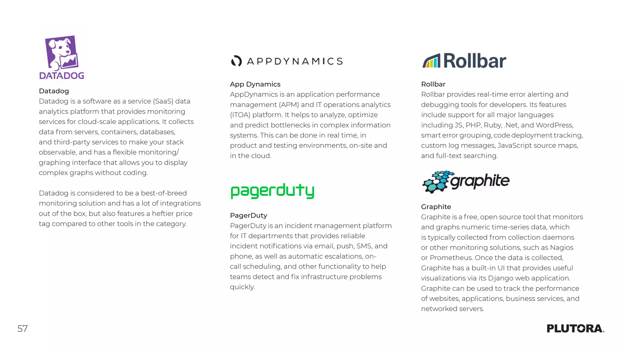 57
PagerDuty
PagerDuty is an incident management platform
for IT departments that provides reliable
incident notifications via email, push, SMS, and
phone, as well as automatic escalations, on-
call scheduling, and other functionality to help
teams detect and fix infrastructure problems
quickly.
Datadog
Datadog is a software as a service (SaaS) data
analytics platform that provides monitoring
services for cloud-scale applications. It collects
data from servers, containers, databases,
and third-party services to make your stack
observable, and has a flexible monitoring/
graphing interface that allows you to display
complex graphs without coding.
Datadog is considered to be a best-of-breed
monitoring solution and has a lot of integrations
out of the box, but also features a heftier price
tag compared to other tools in the category.
App Dynamics
AppDynamics is an application performance
management (APM) and IT operations analytics
(ITOA) platform. It helps to analyze, optimize
and predict bottlenecks in complex information
systems. This can be done in real time, in
product and testing environments, on-site and
in the cloud.
Rollbar
Rollbar provides real-time error alerting and
debugging tools for developers. Its features
include support for all major languages
including JS, PHP, Ruby, .Net, and WordPress,
smart error grouping, code deployment tracking,
custom log messages, JavaScript source maps,
and full-text searching.
Graphite
Graphite is a free, open source tool that monitors
and graphs numeric time-series data, which
is typically collected from collection daemons
or other monitoring solutions, such as Nagios
or Prometheus. Once the data is collected,
Graphite has a built-in UI that provides useful
visualizations via its Django web application.
Graphite can be used to track the performance
of websites, applications, business services, and
networked servers.
 