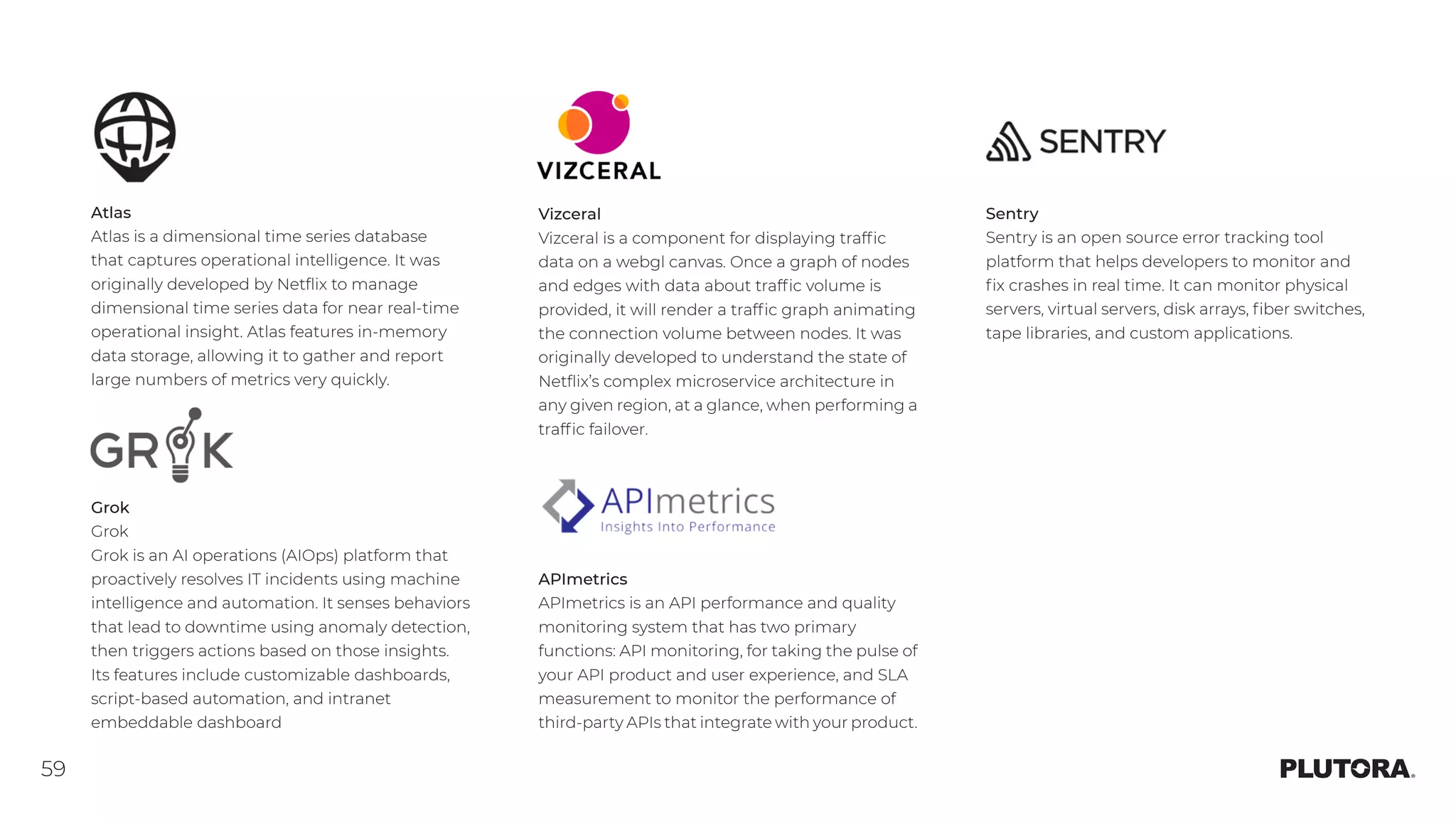 59
Atlas
Atlas is a dimensional time series database
that captures operational intelligence. It was
originally developed by Netflix to manage
dimensional time series data for near real-time
operational insight. Atlas features in-memory
data storage, allowing it to gather and report
large numbers of metrics very quickly.
Sentry
Sentry is an open source error tracking tool
platform that helps developers to monitor and
fix crashes in real time. It can monitor physical
servers, virtual servers, disk arrays, fiber switches,
tape libraries, and custom applications.
Grok
Grok	
Grok is an AI operations (AIOps) platform that
proactively resolves IT incidents using machine
intelligence and automation. It senses behaviors
that lead to downtime using anomaly detection,
then triggers actions based on those insights.
Its features include customizable dashboards,
script-based automation, and intranet
embeddable dashboard
Vizceral
Vizceral is a component for displaying traffic
data on a webgl canvas. Once a graph of nodes
and edges with data about traffic volume is
provided, it will render a traffic graph animating
the connection volume between nodes. It was
originally developed to understand the state of
Netflix’s complex microservice architecture in
any given region, at a glance, when performing a
traffic failover.
APImetrics
APImetrics is an API performance and quality
monitoring system that has two primary
functions: API monitoring, for taking the pulse of
your API product and user experience, and SLA
measurement to monitor the performance of
third-party APIs that integrate with your product.
 