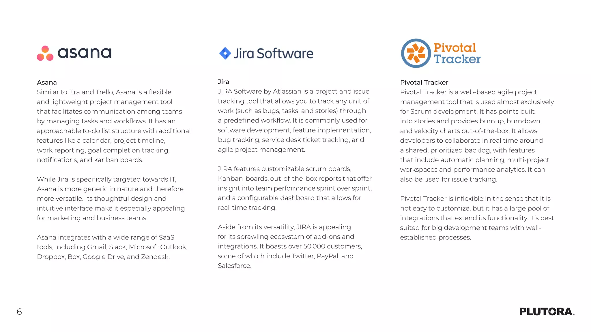 6
Asana
Similar to Jira and Trello, Asana is a flexible
and lightweight project management tool
that facilitates communication among teams
by managing tasks and workflows. It has an
approachable to-do list structure with additional
features like a calendar, project timeline,
work reporting, goal completion tracking,
notifications, and kanban boards.
While Jira is specifically targeted towards IT,
Asana is more generic in nature and therefore
more versatile. Its thoughtful design and
intuitive interface make it especially appealing
for marketing and business teams.
Asana integrates with a wide range of SaaS
tools, including Gmail, Slack, Microsoft Outlook,
Dropbox, Box, Google Drive, and Zendesk.
Jira
JIRA Software by Atlassian is a project and issue
tracking tool that allows you to track any unit of
work (such as bugs, tasks, and stories) through
a predefined workflow. It is commonly used for
software development, feature implementation,
bug tracking, service desk ticket tracking, and
agile project management.
JIRA features customizable scrum boards,
Kanban boards, out-of-the-box reports that offer
insight into team performance sprint over sprint,
and a configurable dashboard that allows for
real-time tracking.
Aside from its versatility, JIRA is appealing
for its sprawling ecosystem of add-ons and
integrations. It boasts over 50,000 customers,
some of which include Twitter, PayPal, and
Salesforce.
Pivotal Tracker
Pivotal Tracker is a web-based agile project
management tool that is used almost exclusively
for Scrum development. It has points built
into stories and provides burnup, burndown,
and velocity charts out-of-the-box. It allows
developers to collaborate in real time around
a shared, prioritized backlog, with features
that include automatic planning, multi-project
workspaces and performance analytics. It can
also be used for issue tracking.
Pivotal Tracker is inflexible in the sense that it is
not easy to customize, but it has a large pool of
integrations that extend its functionality. It’s best
suited for big development teams with well-
established processes.
 