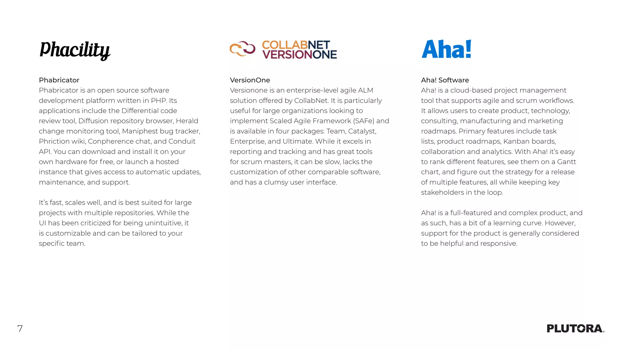 7
Phabricator
Phabricator is an open source software
development platform written in PHP. Its
applications include the Differential code
review tool, Diffusion repository browser, Herald
change monitoring tool, Maniphest bug tracker,
Phriction wiki, Conpherence chat, and Conduit
API. You can download and install it on your
own hardware for free, or launch a hosted
instance that gives access to automatic updates,
maintenance, and support.
It’s fast, scales well, and is best suited for large
projects with multiple repositories. While the
UI has been criticized for being unintuitive, it
is customizable and can be tailored to your
specific team.
VersionOne
Versionone is an enterprise-level agile ALM
solution offered by CollabNet. It is particularly
useful for large organizations looking to
implement Scaled Agile Framework (SAFe) and
is available in four packages: Team, Catalyst,
Enterprise, and Ultimate. While it excels in
reporting and tracking and has great tools
for scrum masters, it can be slow, lacks the
customization of other comparable software,
and has a clumsy user interface. 
Aha! Software
Aha! is a cloud-based project management
tool that supports agile and scrum workflows.
It allows users to create product, technology,
consulting, manufacturing and marketing
roadmaps. Primary features include task
lists, product roadmaps, Kanban boards,
collaboration and analytics. With Aha! it’s easy
to rank different features, see them on a Gantt
chart, and figure out the strategy for a release
of multiple features, all while keeping key
stakeholders in the loop.
Aha! is a full-featured and complex product, and
as such, has a bit of a learning curve. However,
support for the product is generally considered
to be helpful and responsive.
 