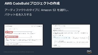 © 2020, Amazon Web Services, Inc. or its Affiliates. All rights reserved.
AWS CodeBuild プロジェクトの作成
アーティファクトのタイプに Amazon S3 を選択し、
バケット名を入力する
 