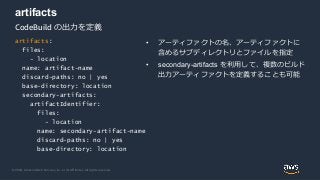 © 2020, Amazon Web Services, Inc. or its Affiliates. All rights reserved.
artifacts
• アーティファクトの名、アーティファクトに
含めるサブディレクトリとファイルを指定
• secondary-artifacts を利用して、複数のビルド
出力アーティファクトを定義することも可能
CodeBuild の出力を定義
artifacts:
files:
- location
name: artifact-name
discard-paths: no | yes
base-directory: location
secondary-artifacts:
artifactIdentifier:
files:
- location
name: secondary-artifact-name
discard-paths: no | yes
base-directory: location
 