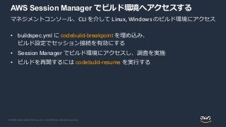 © 2020, Amazon Web Services, Inc. or its Affiliates. All rights reserved.
AWS Session Manager でビルド環境へアクセスする
• buildspec.yml に codebuild-breakpoint を埋め込み、
ビルド設定でセッション接続を有効にする
• Session Manager でビルド環境にアクセスし、調査を実施
• ビルドを再開するには codebuild-resume を実行する
マネジメントコンソール、CLI を介して Linux, Windows のビルド環境にアクセス
 