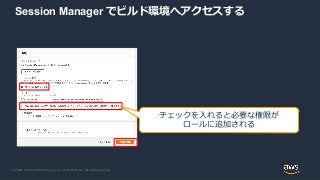 © 2020, Amazon Web Services, Inc. or its Affiliates. All rights reserved.
Session Manager でビルド環境へアクセスする
チェックを入れると必要な権限が
ロールに追加される
 