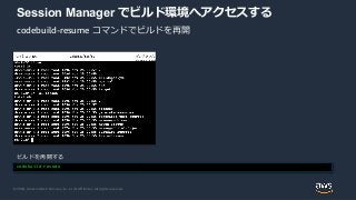 © 2020, Amazon Web Services, Inc. or its Affiliates. All rights reserved.
Session Manager でビルド環境へアクセスする
codebuild-resume
ビルドを再開する
codebuild-resume コマンドでビルドを再開
 