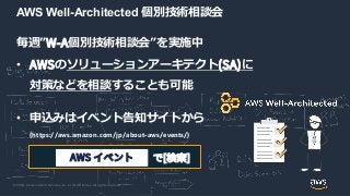 © 2020, Amazon Web Services, Inc. or its Affiliates. All rights reserved.
で[検索]AWS イベント
毎週”W-A個別技術相談会”を実施中
• AWSのソリューションアーキテクト(SA)に
対策などを相談することも可能
• 申込みはイベント告知サイトから
(https://aws.amazon.com/jp/about-aws/events/)
AWS Well-Architected 個別技術相談会
 