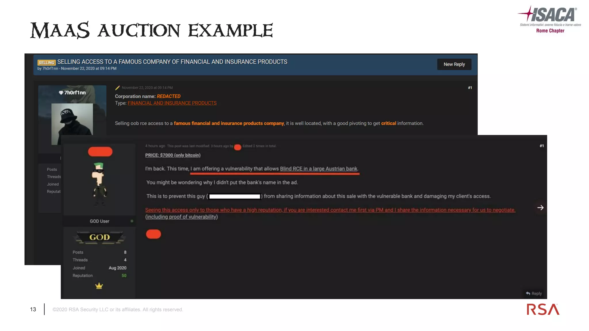 13 ©2020 RSA Security LLC or its affiliates. All rights reserved.
MaaS auction example
 